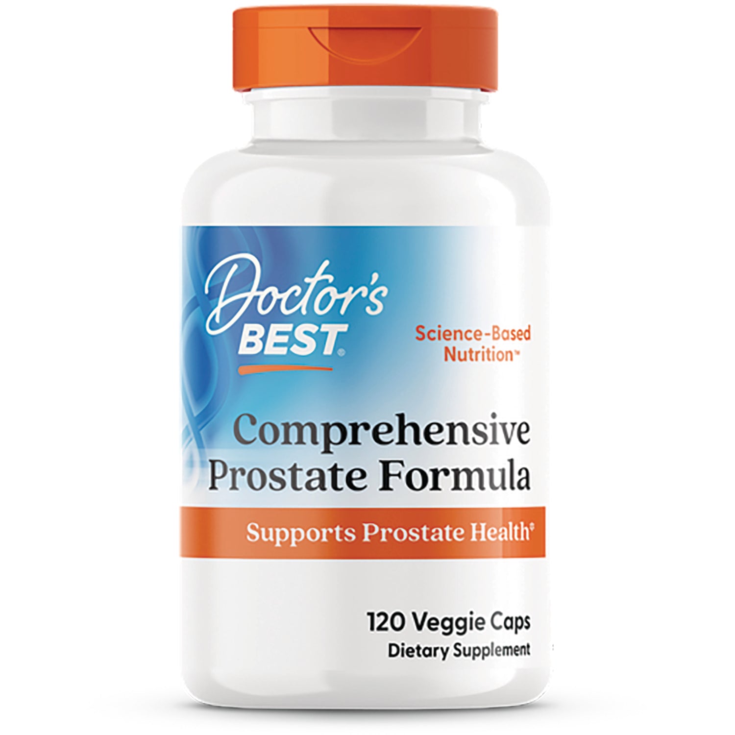 DB168 | Doctor's Best Comprehensive Prostate Formula white bottle with orange cap, 120 Veggie Caps