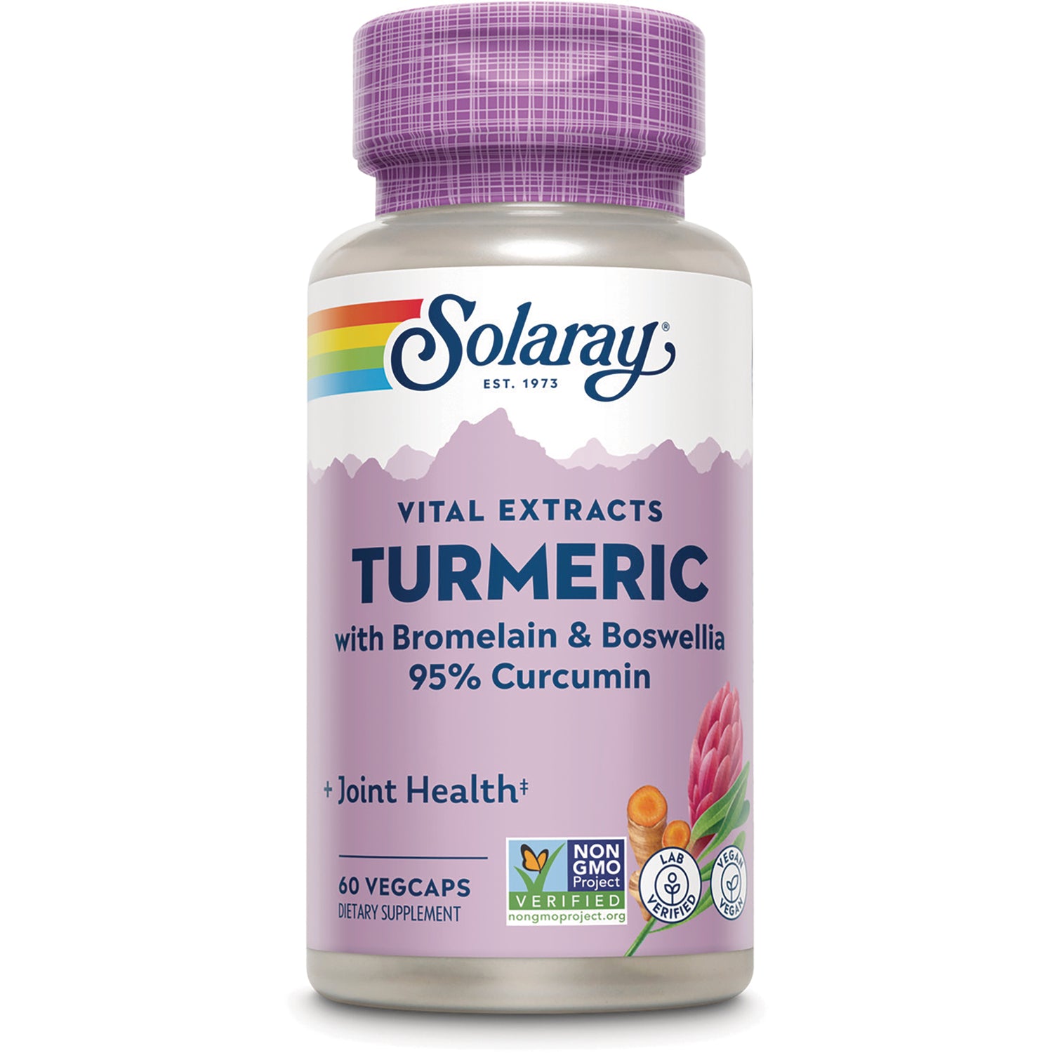 SLR429 | Solaray Turmeric supplement bottle front label, 60 vegcaps, with Bromelain & Boswellia 95% Curcumin