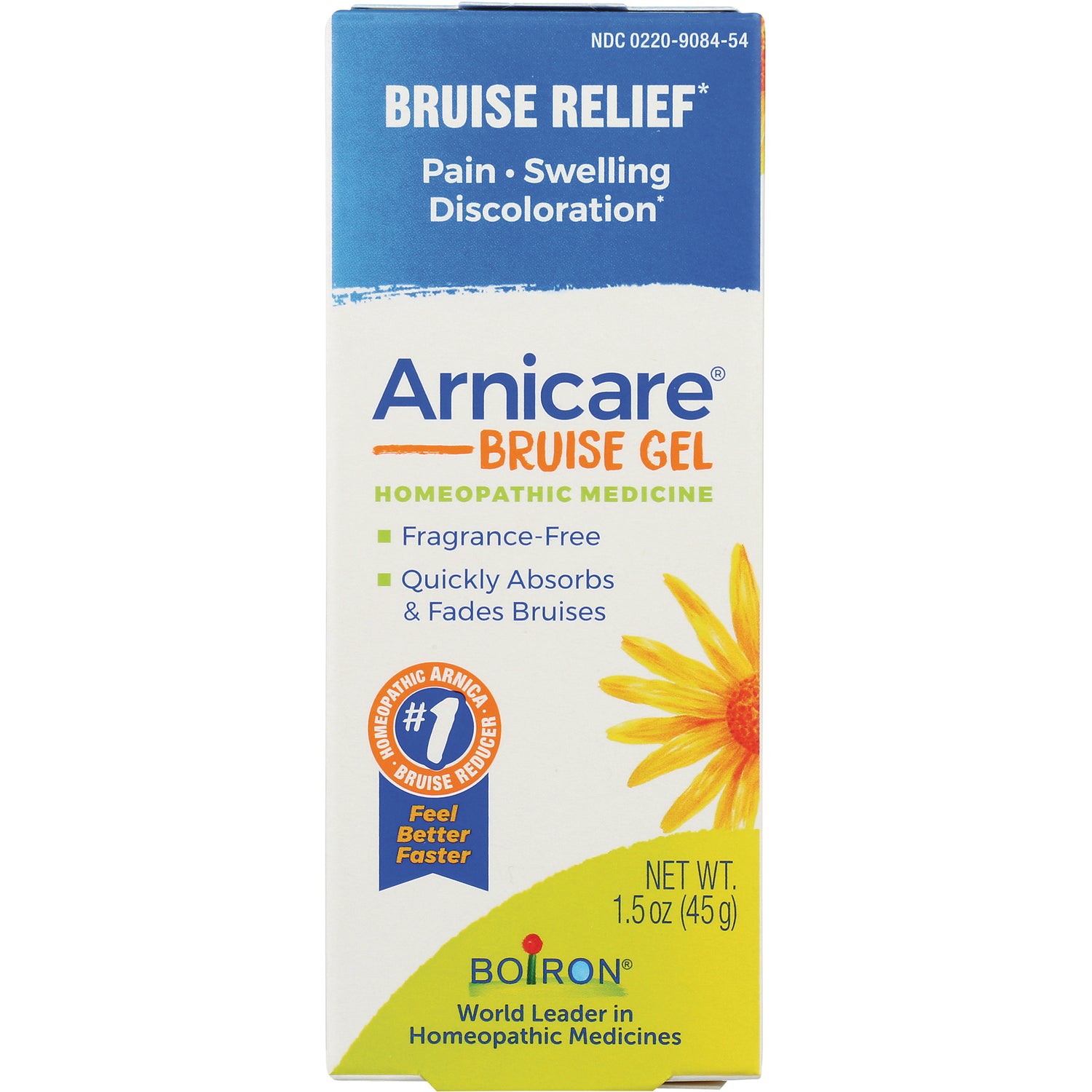 BRN094 | Arnicare Bruise Gel box front showing product name, benefits Fragrance-Free and Quickly Absorbs, net wt 1.5 oz (45 g)