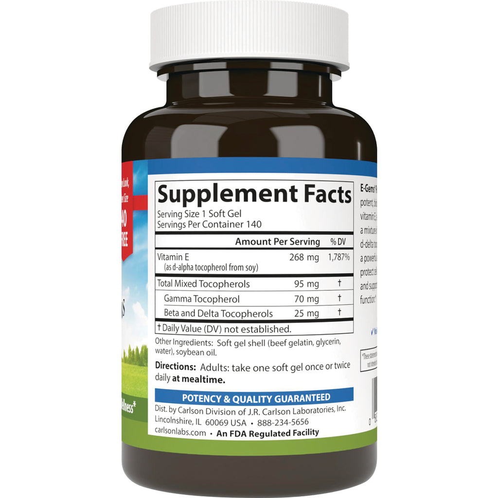 Back label showing Supplement Facts panel for soft gel vitamin E with serving size, ingredient list, and directions - Thumbnail