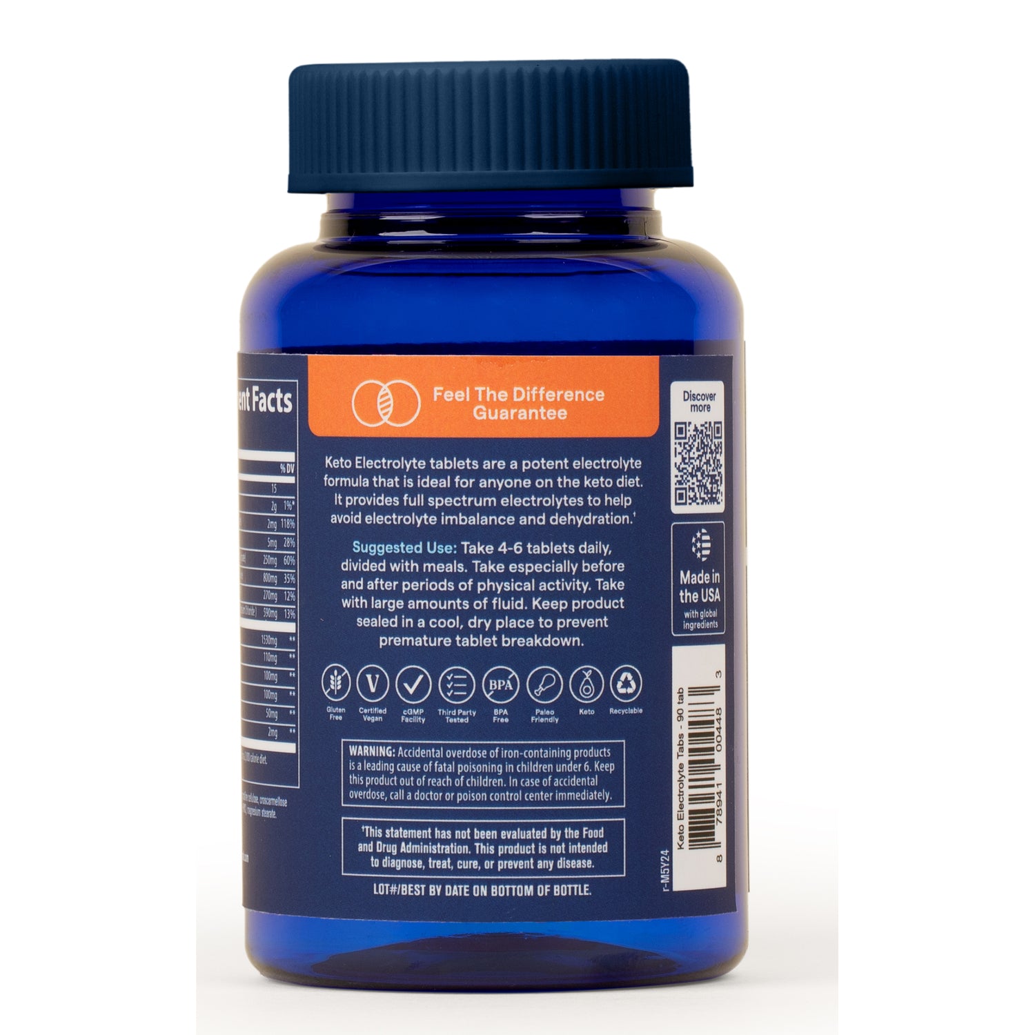 TM103 | Back of blue supplement bottle with directions for Keto Electrolyte tablets, icons, QR code, and barcode