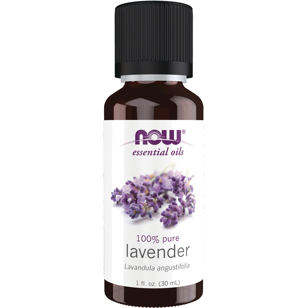 NWF057 | NOW essential oils 100% pure lavender 1 fl oz amber bottle with black cap and label showing lavender sprigs - Thumbnail