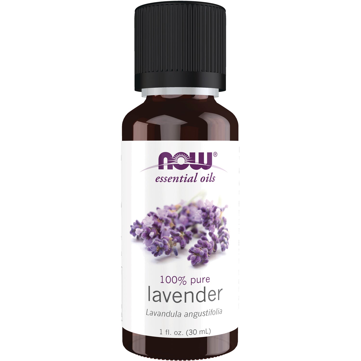 NWF057 | NOW essential oils 100% pure lavender 1 fl oz amber bottle with black cap and label showing lavender sprigs