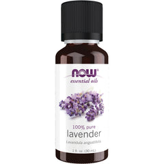 NWF057 | NOW essential oils 100% pure lavender 1 fl oz amber bottle with black cap and label showing lavender sprigs