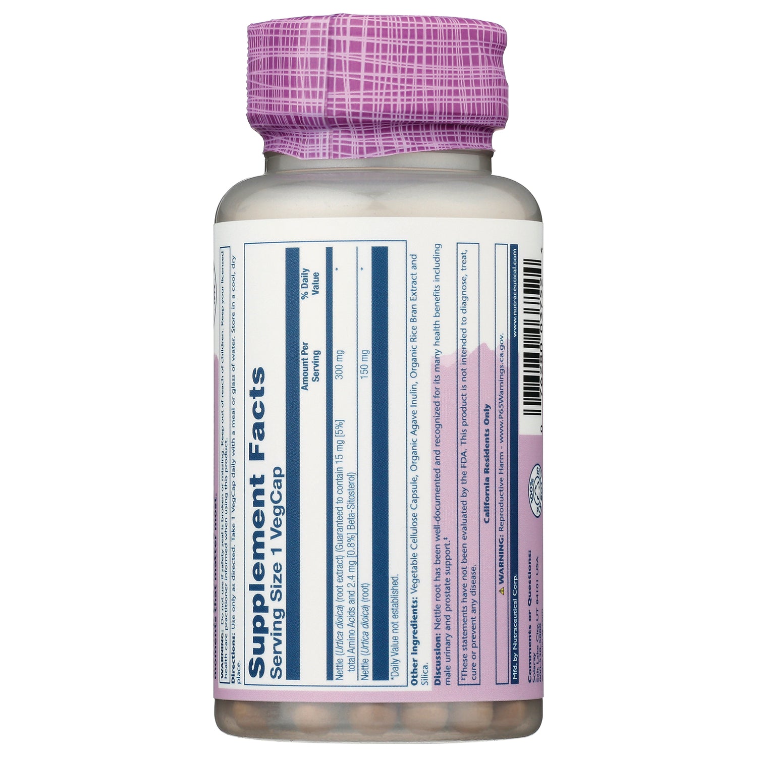 SLR385 | back label showing Supplement Facts panel, ingredients and barcode on white supplement bottle with purple cap