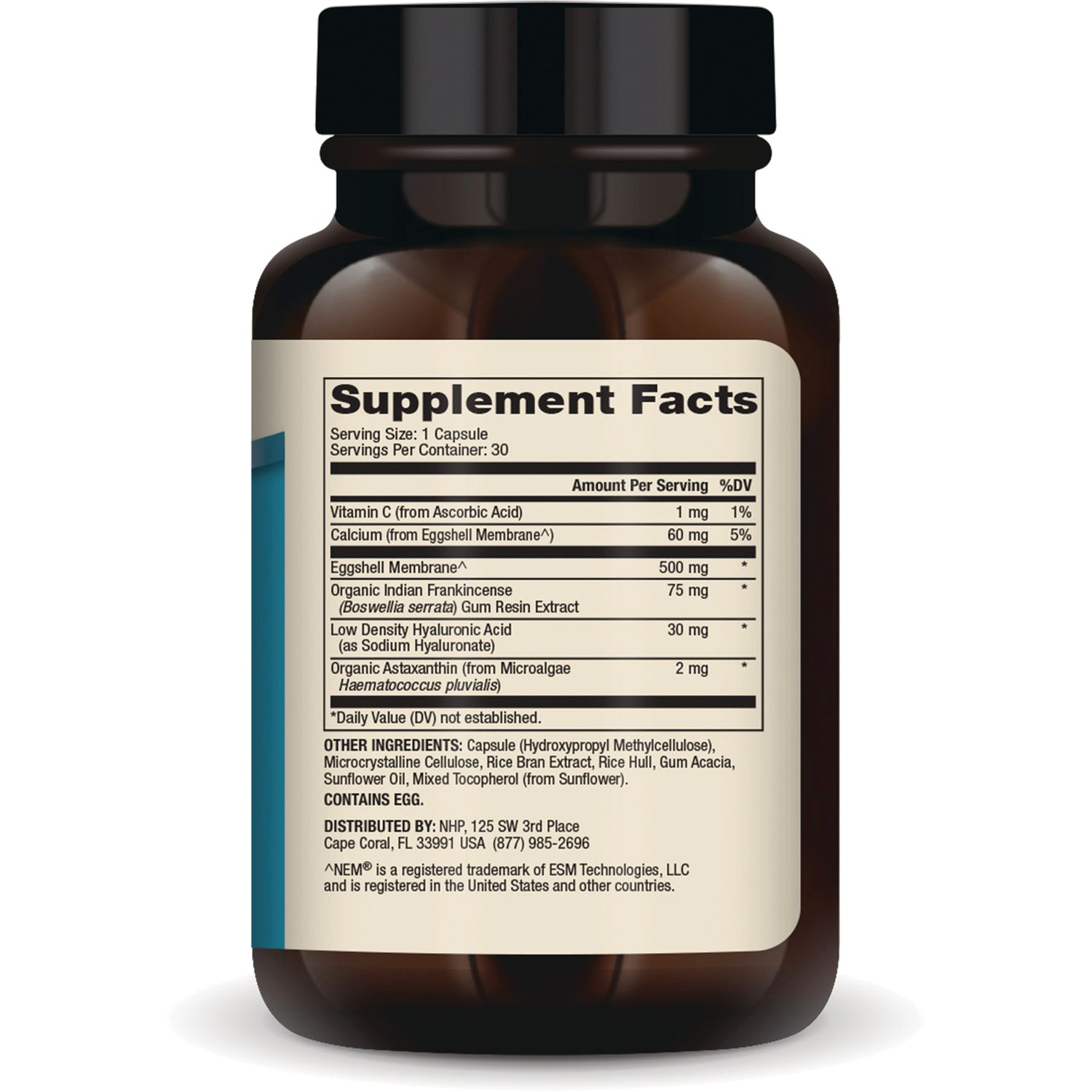 MRC116 | Back label showing Supplement Facts table and ingredients on amber supplement bottle