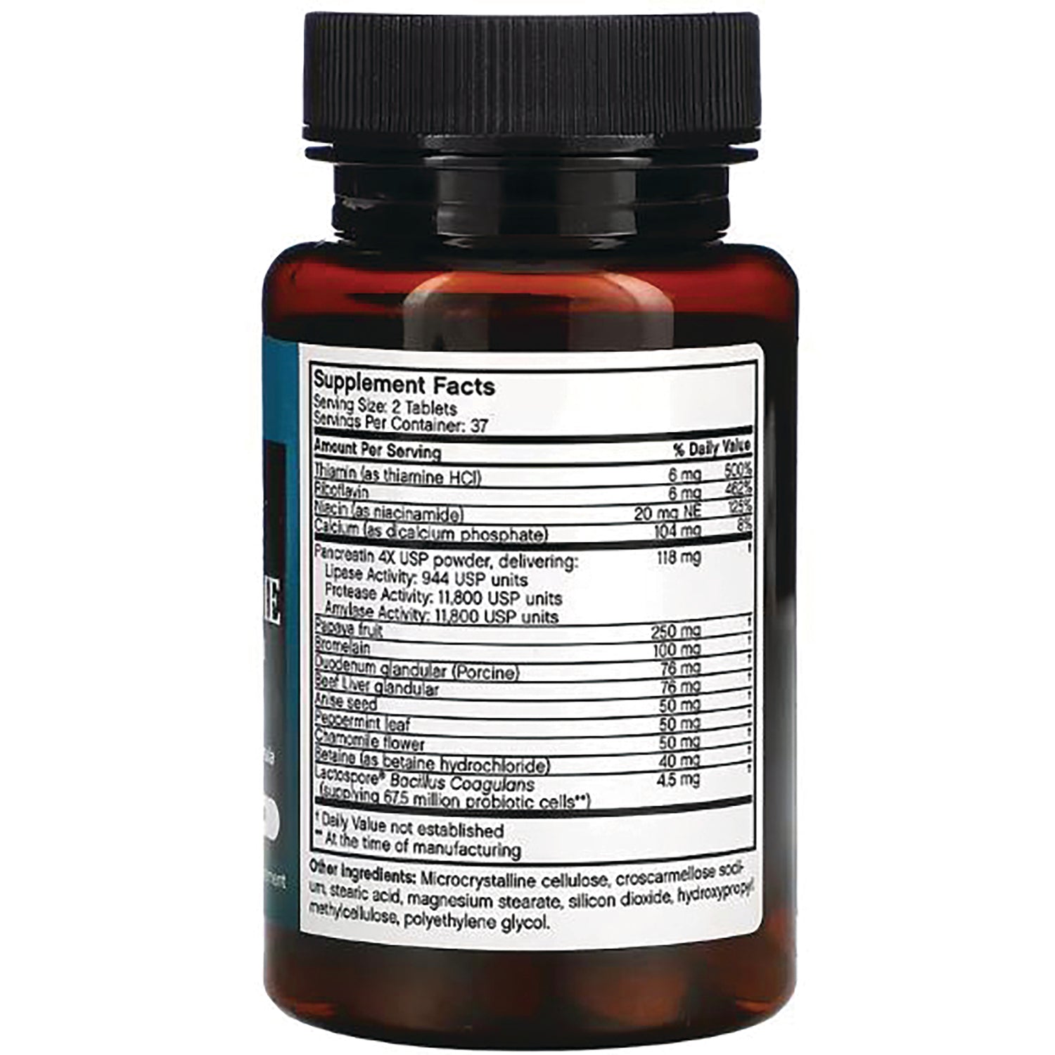 FB079 | back label of brown supplement bottle showing Supplement Facts panel and ingredient list