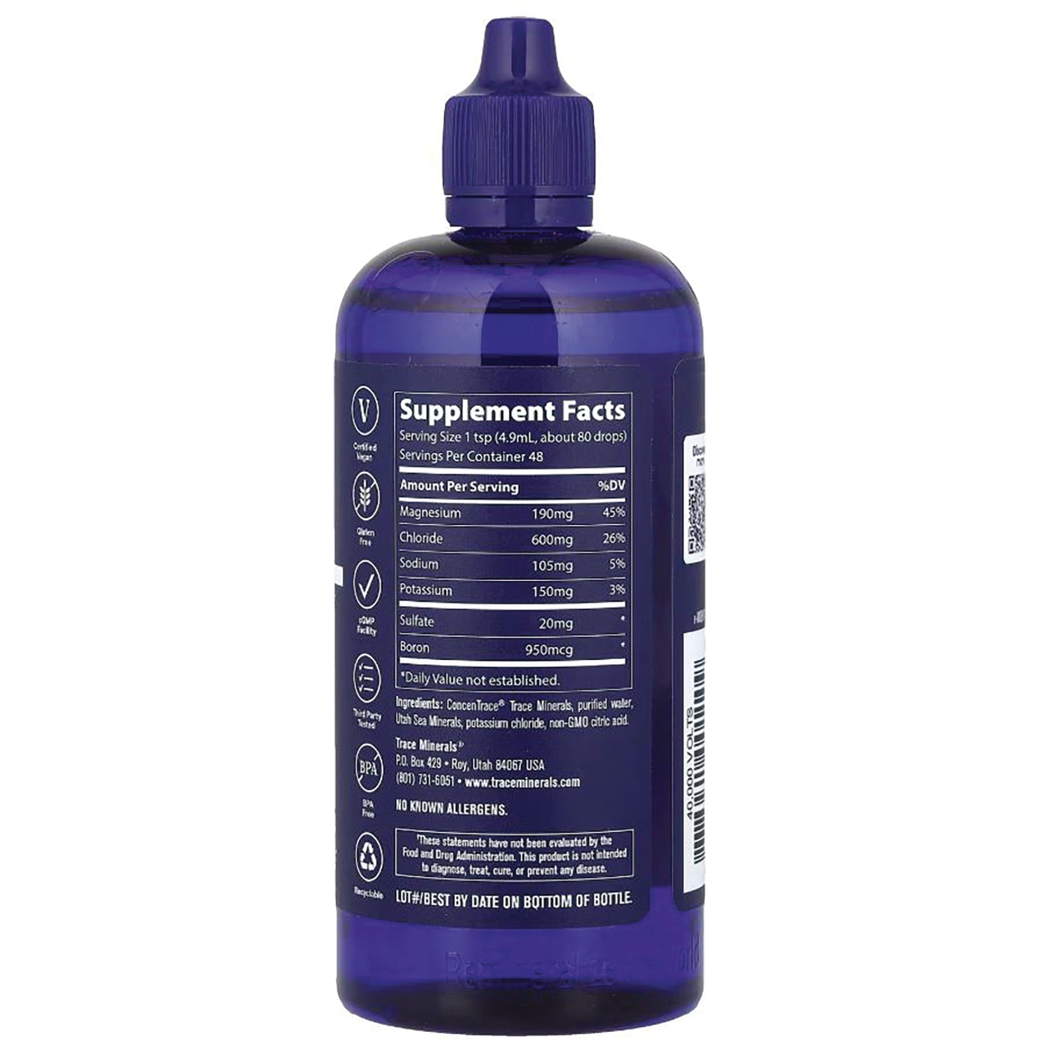 TM032 | Back label showing Supplement Facts and ingredients for liquid mineral supplement