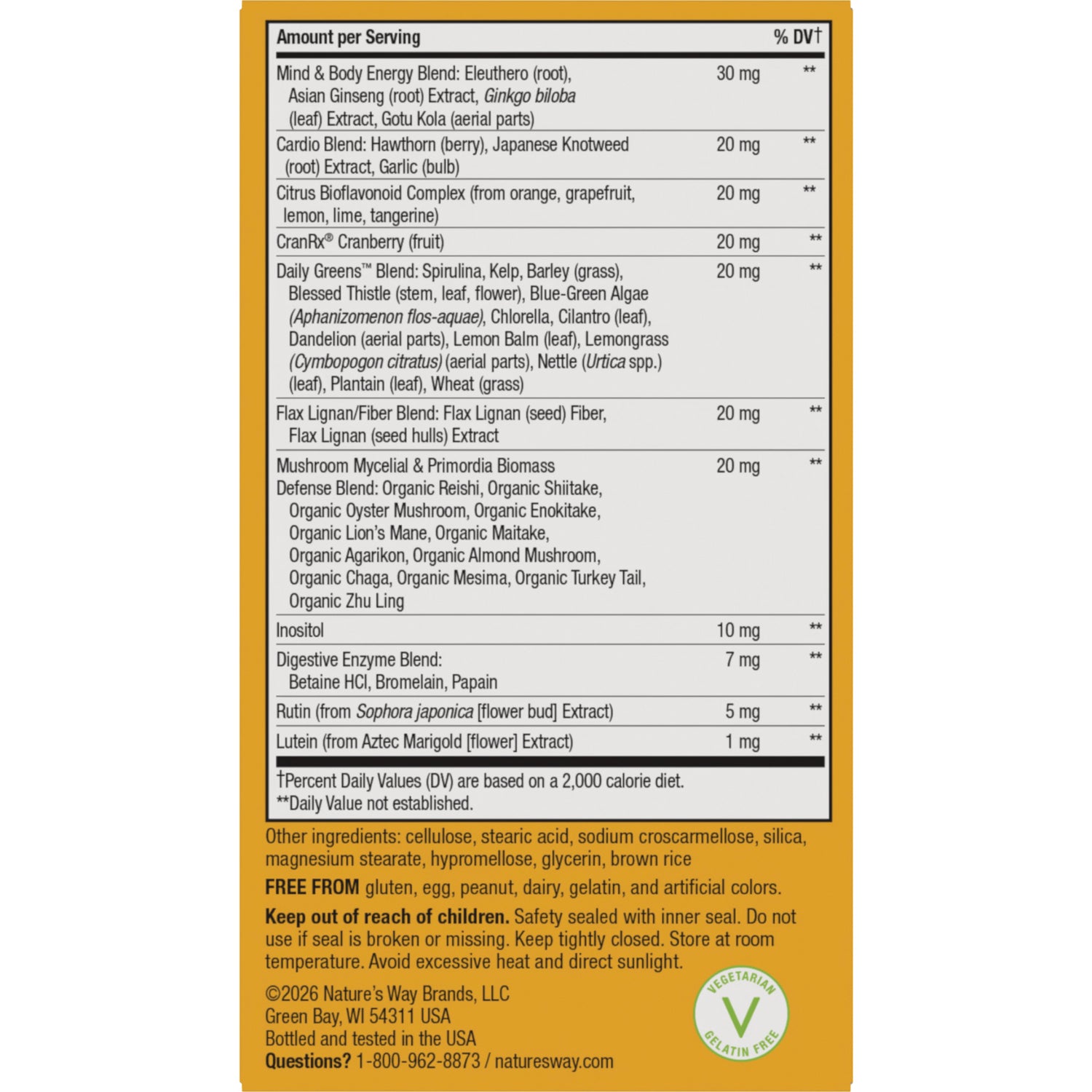 NW1077 | Supplement facts panel with ingredients, other ingredients, warnings, and vegetarian gelation-free seal