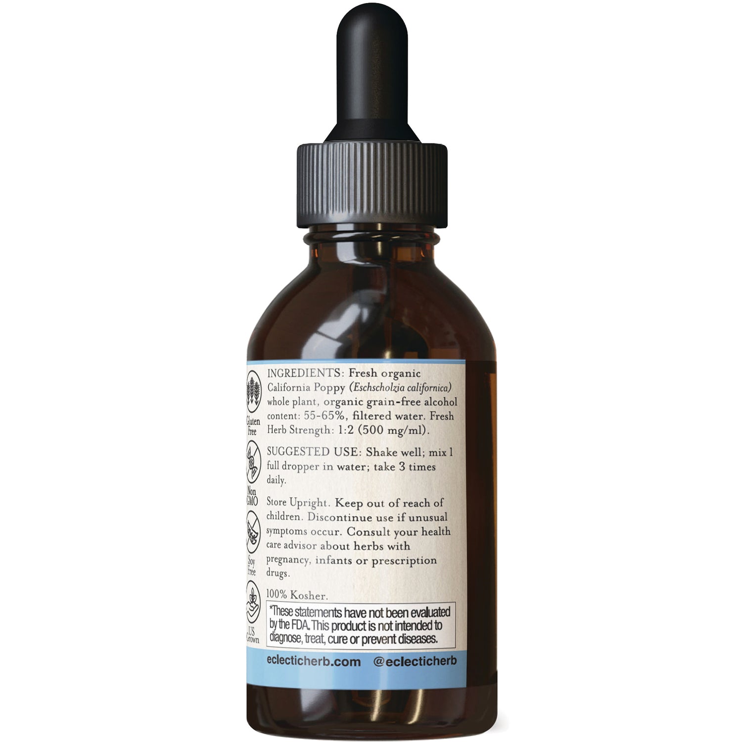 EC023 | Back label of amber dropper bottle showing ingredients, suggested use, warnings and eclecticherb.com text