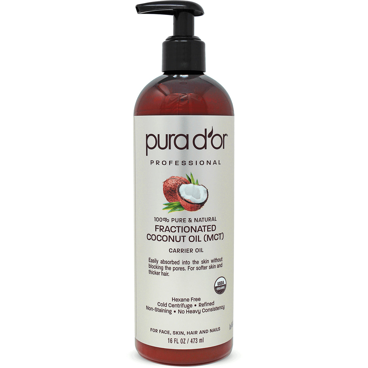 PDO009 | Pura d'or fractionated coconut oil (MCT) carrier oil 16 fl oz pump bottle, front label visible
