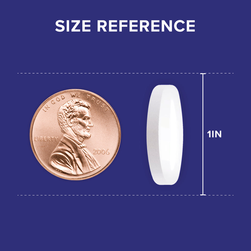 QNL015 | Size reference showing a white tablet next to a penny, labeled 1 in - Thumbnail