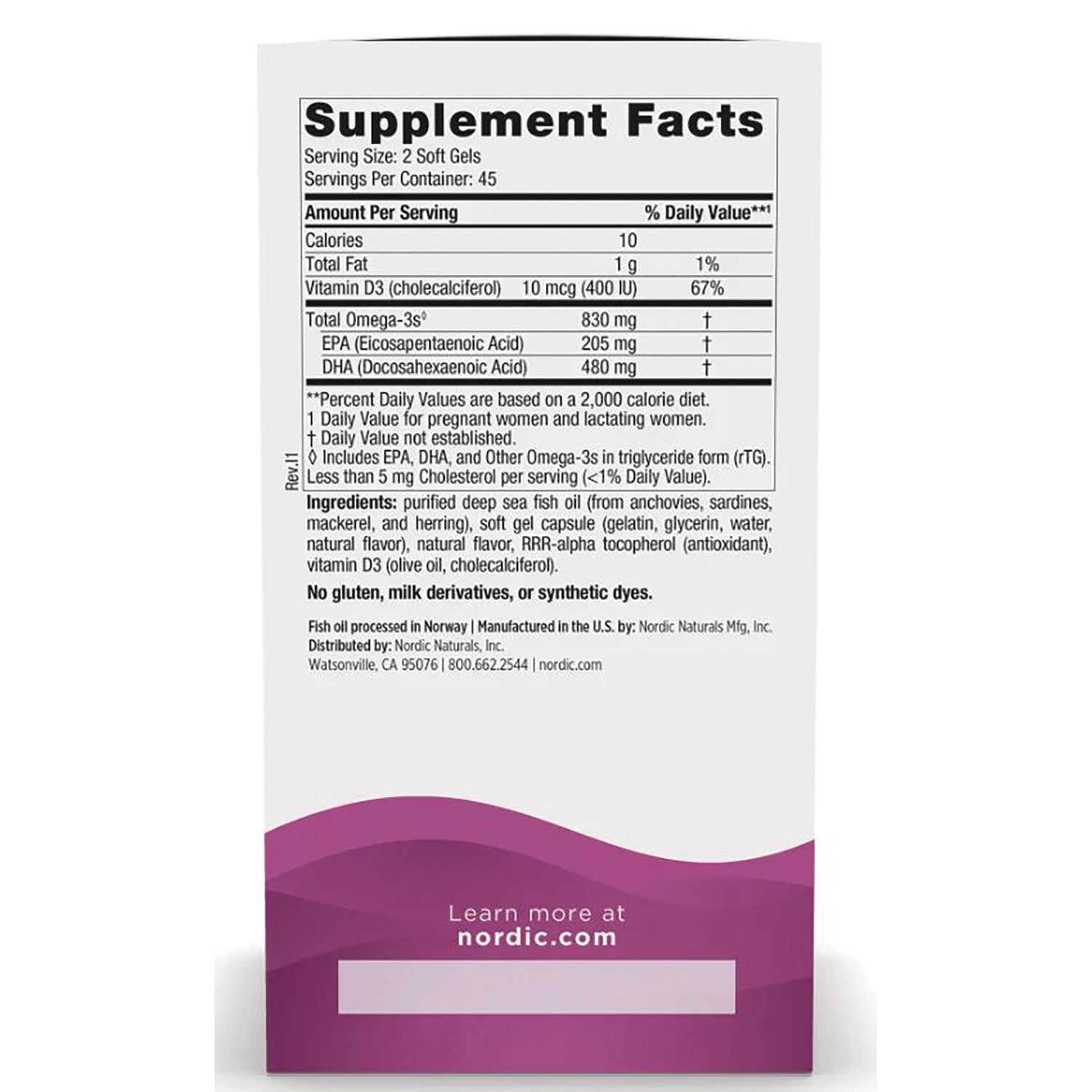 NRN103 | Back of supplement box showing Supplement Facts panel, ingredients list, and nordic.com on purple lower panel