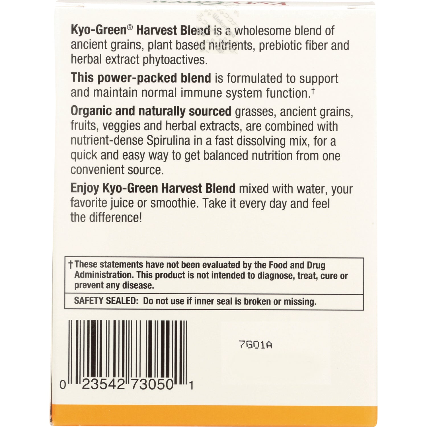 Back panel of dietary supplement box with product description, safety seal notice, and barcode