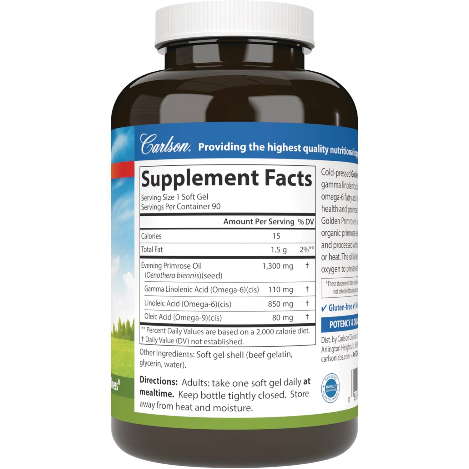 CSN122 | Back of brown supplement bottle showing Supplement Facts label with Evening Primrose Oil, serving size, and directions