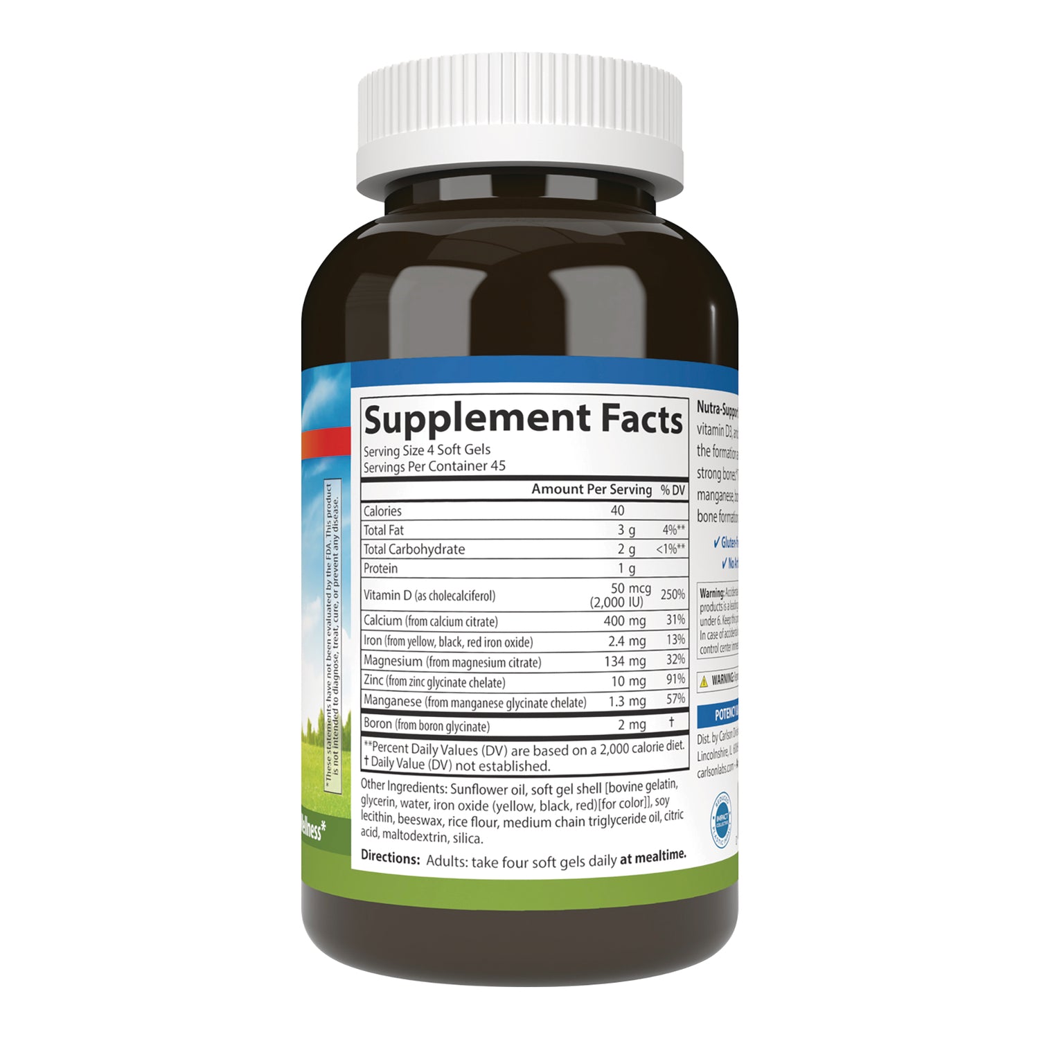 CSN337 | Brown supplement bottle back showing Supplement Facts panel, nutrition table and directions label