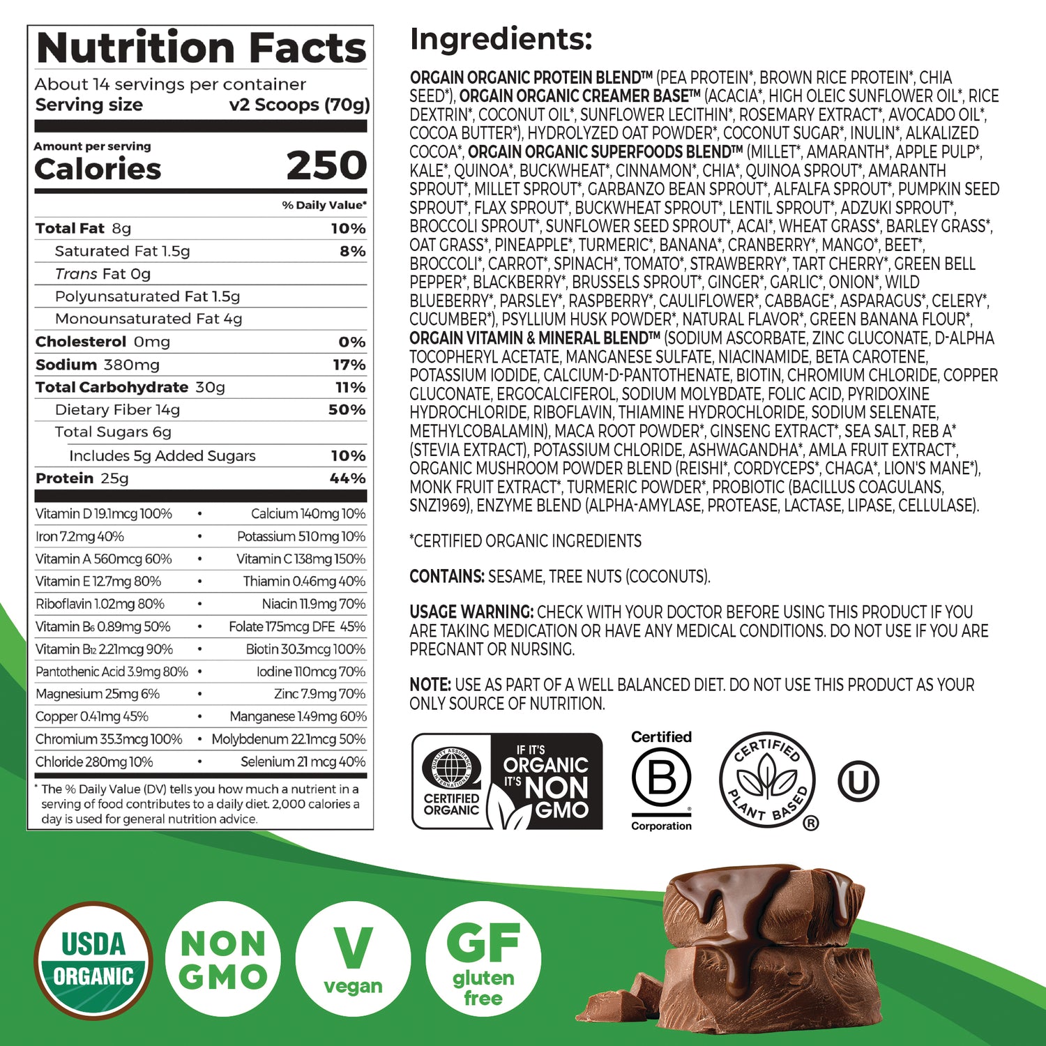 OGN008 | Back of chocolate protein powder label showing nutrition facts, ingredients, certifications and usage warning