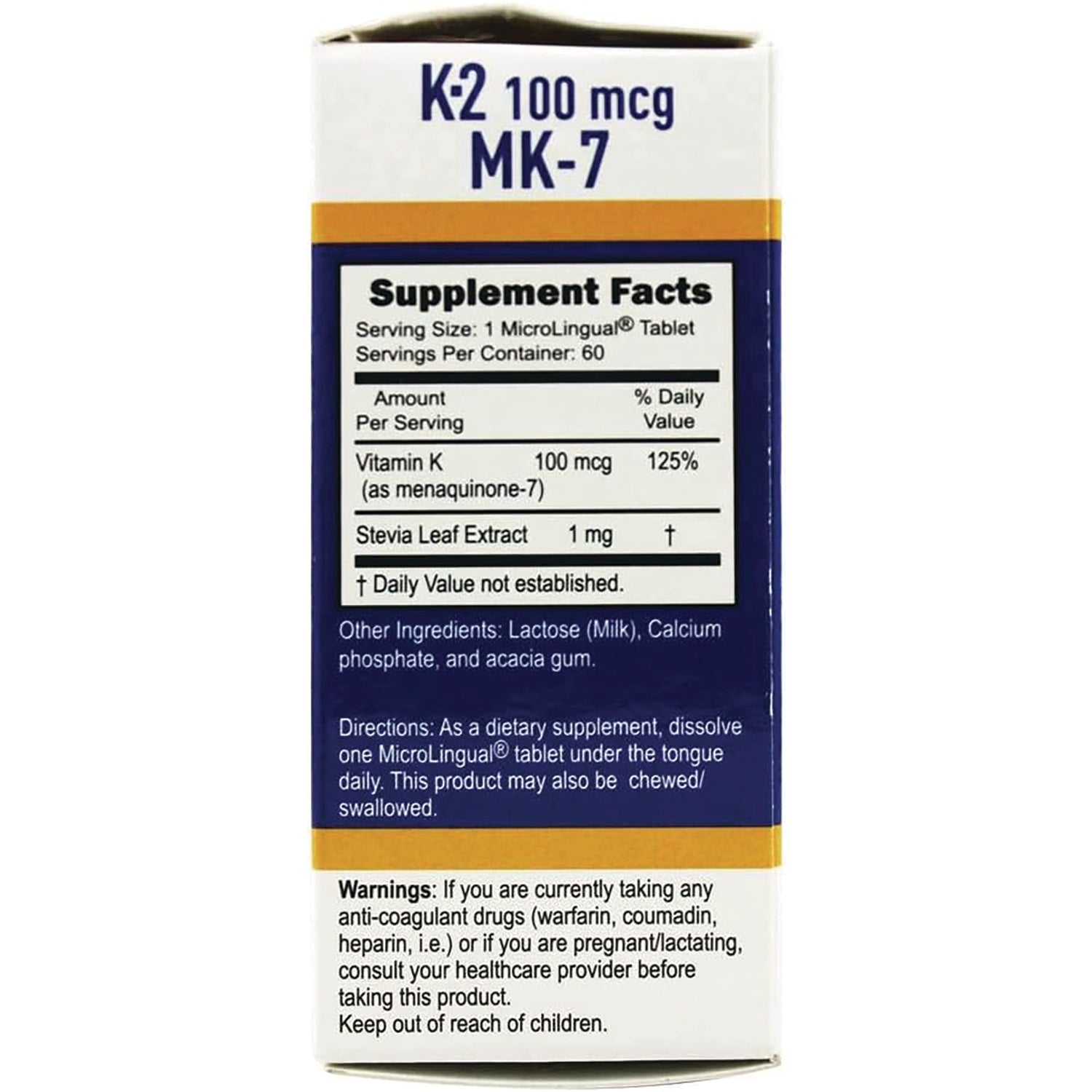 SUS020 | Back panel with Supplement Facts for K2 100 mcg MK-7