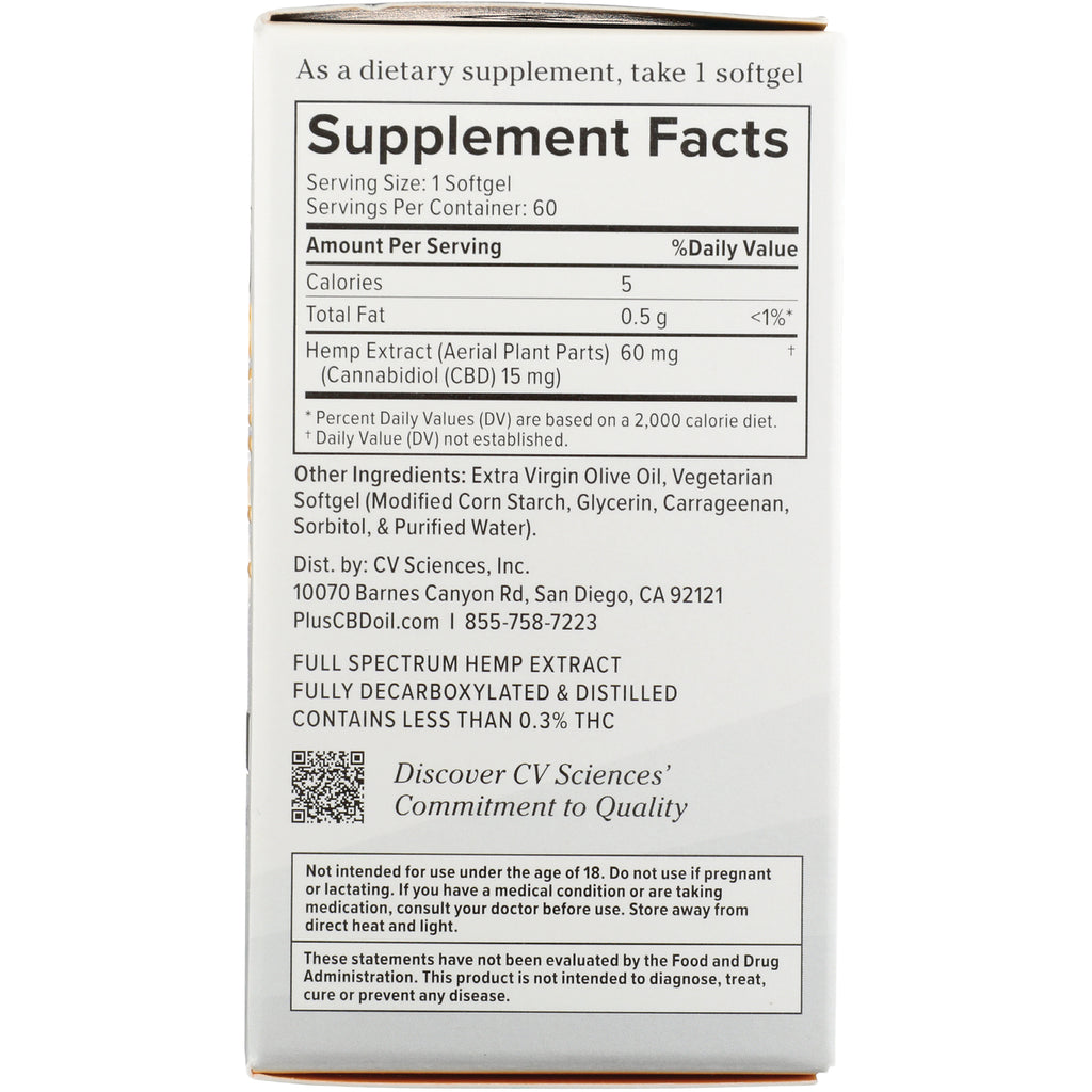 CV005 | back panel showing Supplement Facts, hemp extract 15 mg, ingredients, distributor info and warnings - Thumbnail