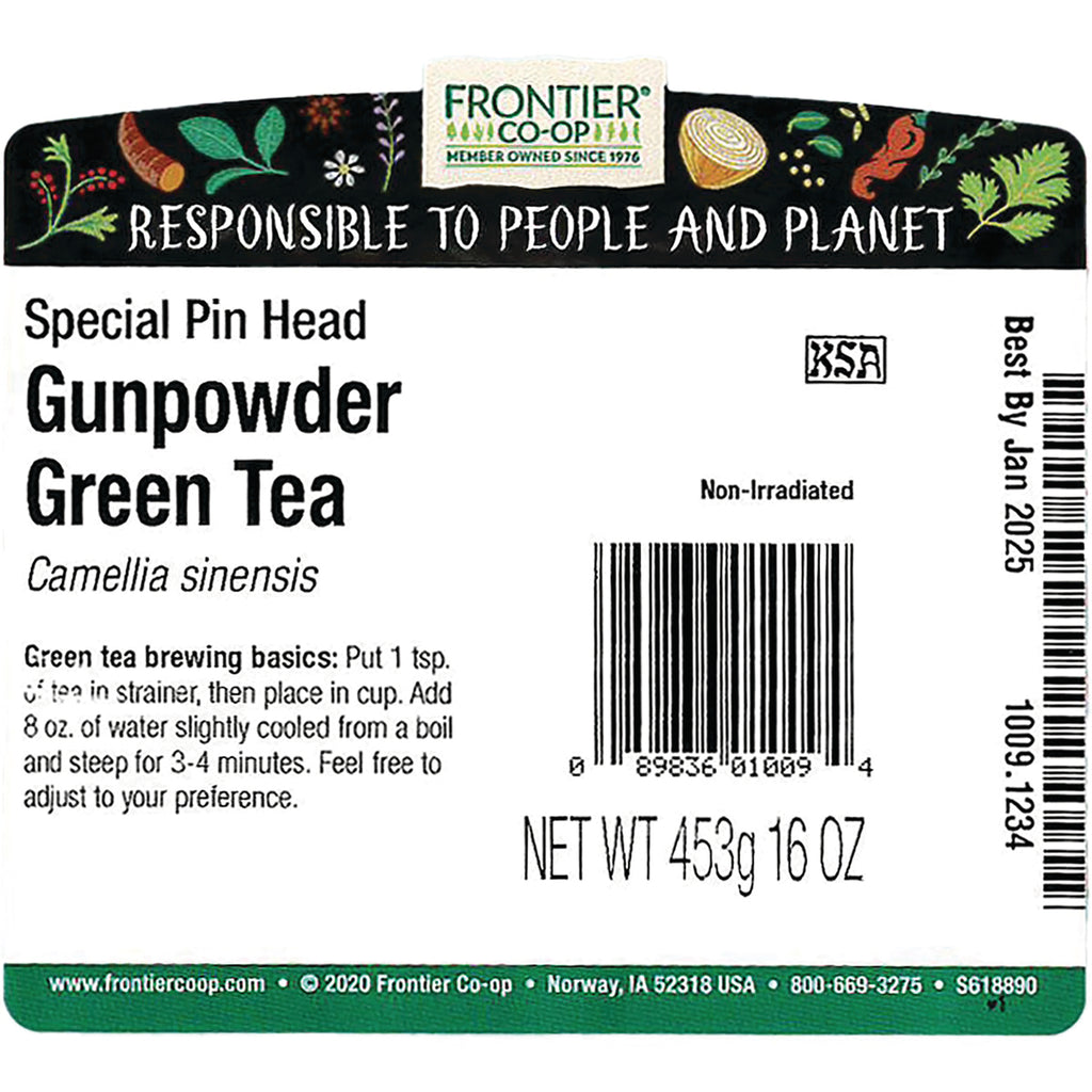 FNP082 | Gunpowder Green Tea back label showing Frontier Co-op logo, brewing instructions, barcode, NET WT 453g 16 OZ - Thumbnail