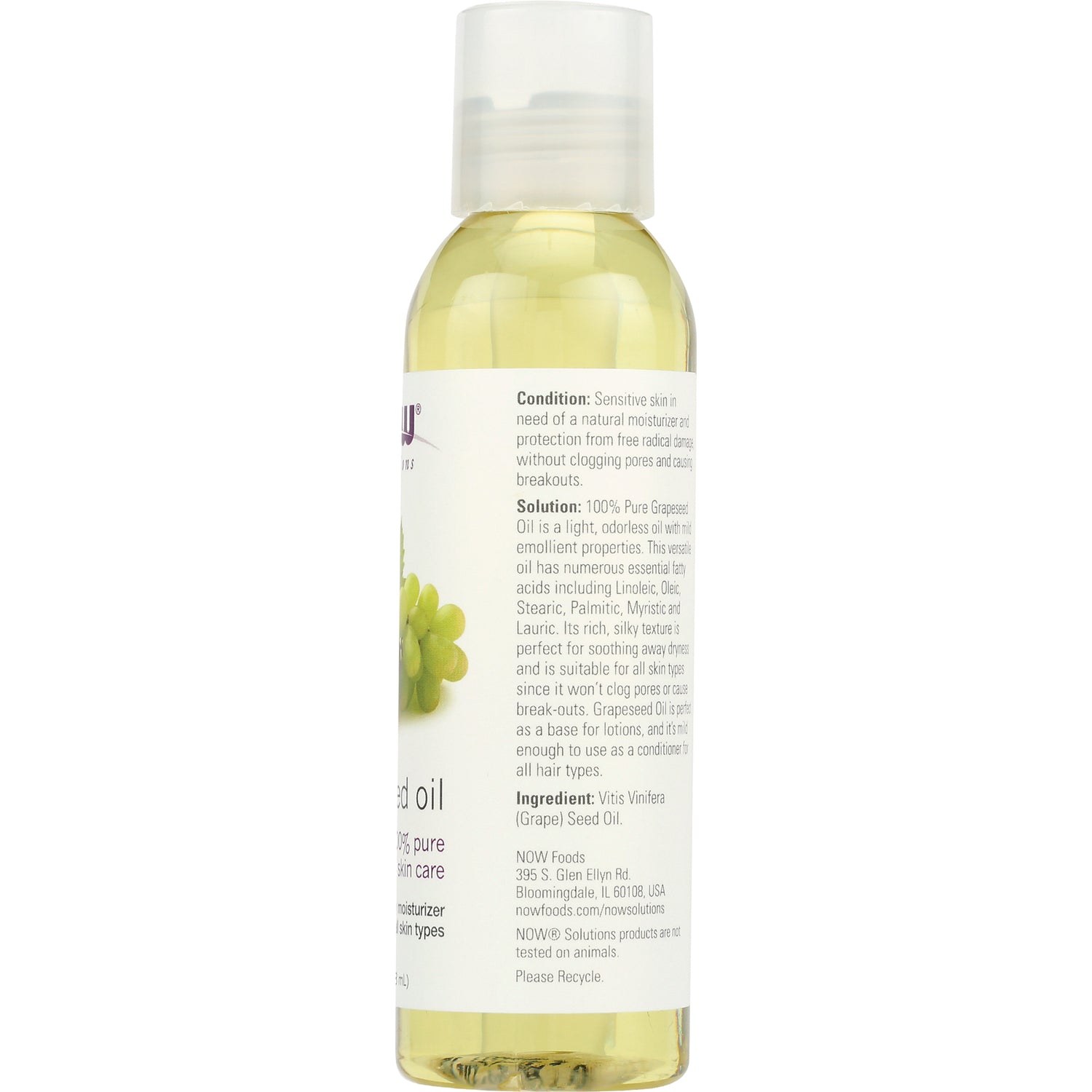 NWF610 | Back label of grapeseed oil bottle showing ingredient text Vitis Vinifera (Grape) Seed Oil and usage details