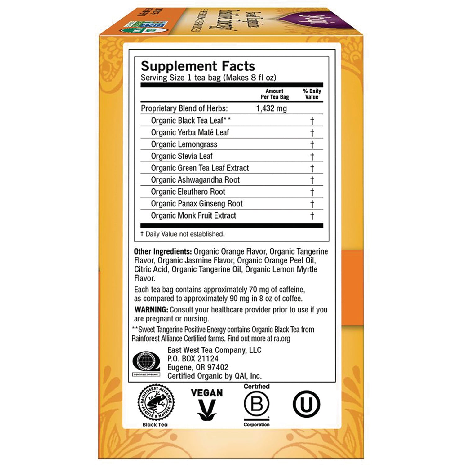 AHW061 | Supplement Facts back panel showing ingredients, serving size 1 tea bag and certifications