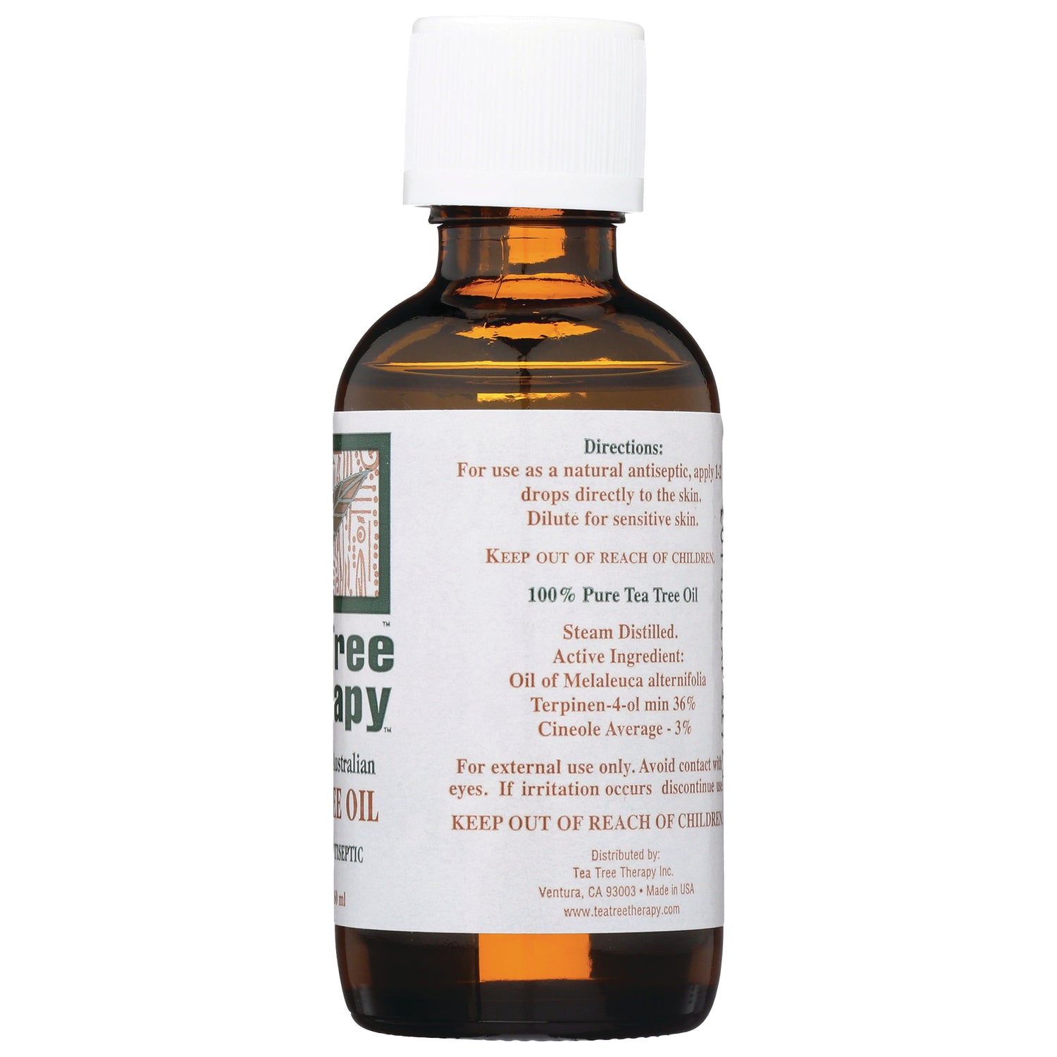 TTT023 | Back label of Tea Tree Therapy 100% Pure Tea Tree Oil bottle with directions and ingredients