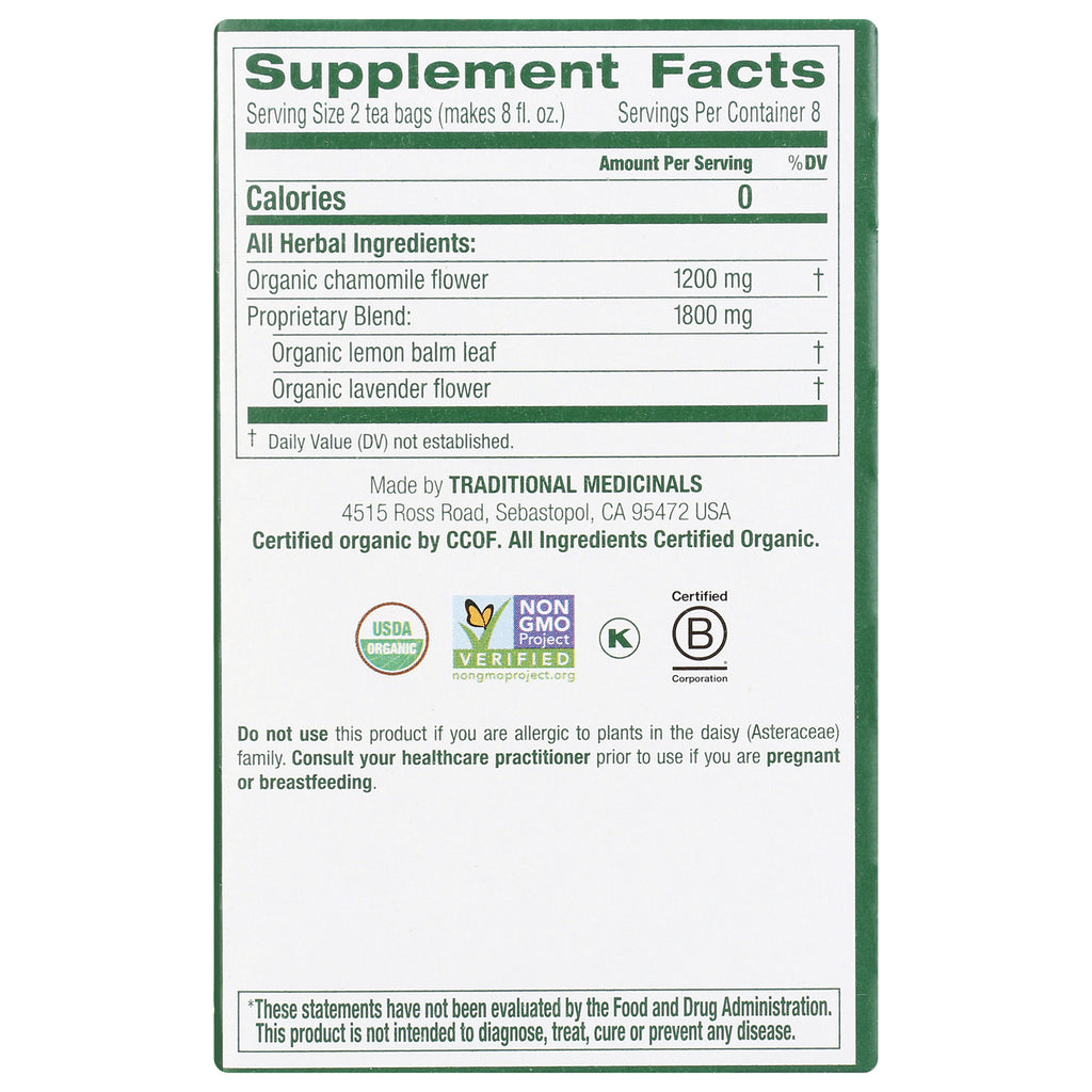 TMD012 | Back panel Supplement Facts: chamomile 1200 mg, proprietary blend 1800 mg; certifications - Thumbnail