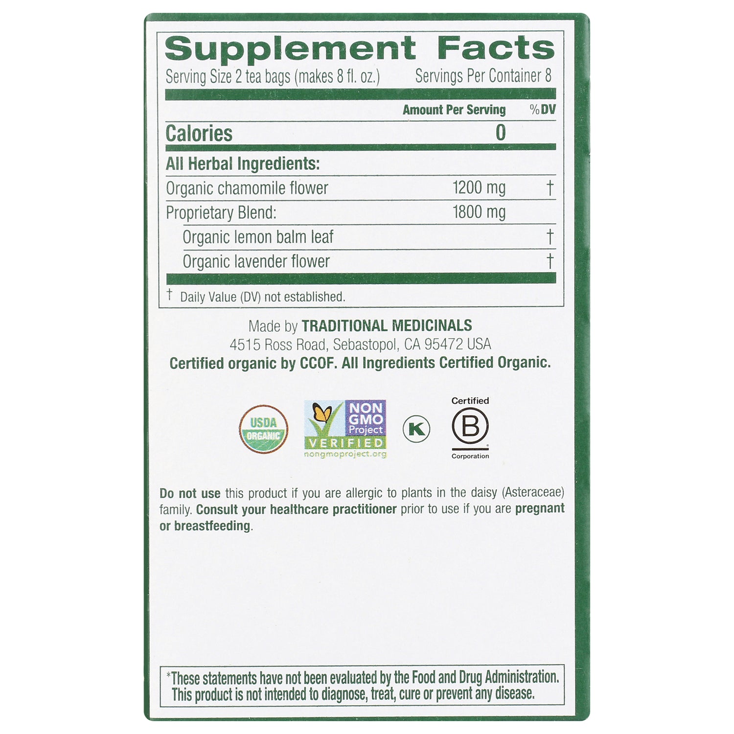 TMD012 | Back panel Supplement Facts: chamomile 1200 mg, proprietary blend 1800 mg; certifications