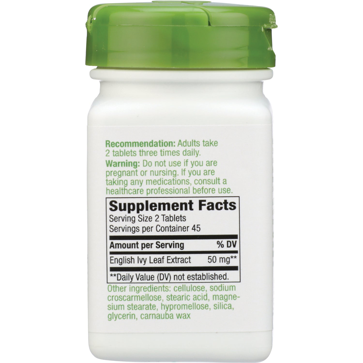 ET466 | back label of white supplement bottle showing Recommendation and Warning text and Supplement Facts listing English Ivy Leaf Extract 50 mg