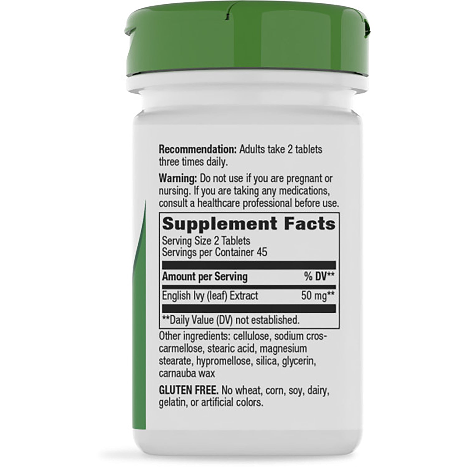 ET466 | back label of white supplement bottle showing Recommendation and Warning text and Supplement Facts listing English Ivy Leaf Extract 50 mg