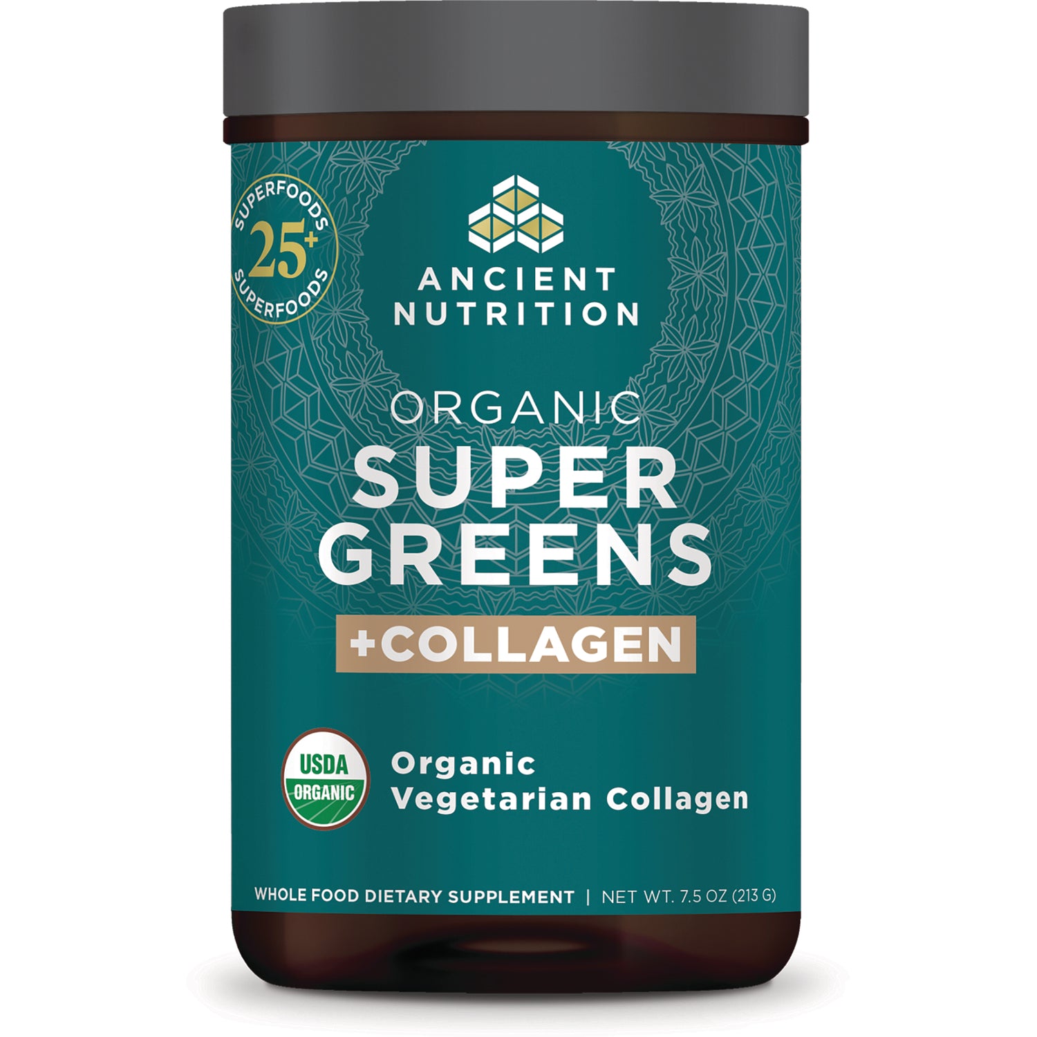 ATN114 | Ancient Nutrition Organic Super Greens +Collagen powder jar label with USDA Organic seal
