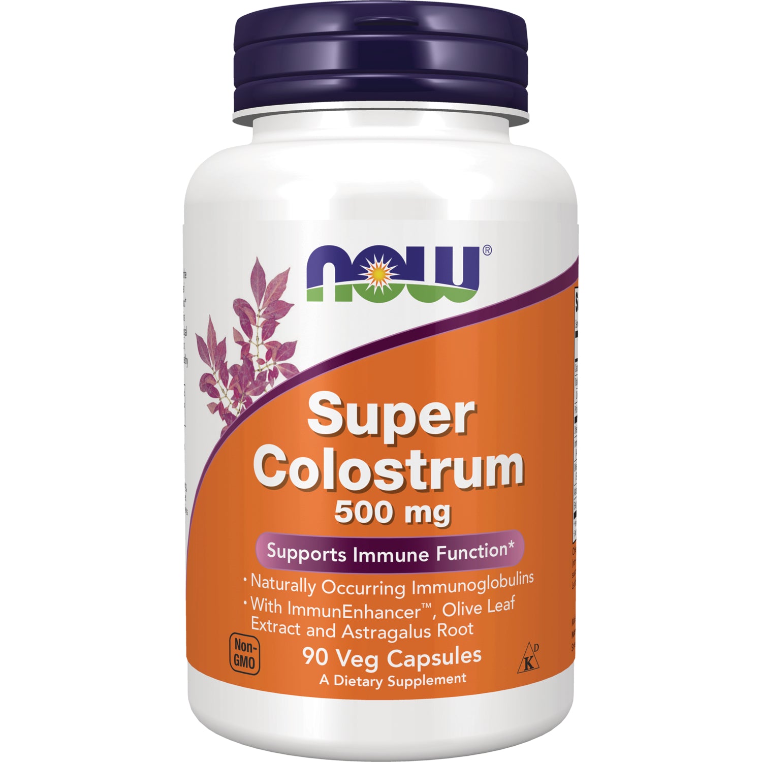 NWF575 | NOW Super Colostrum 500 mg white bottle with orange label, 90 veg capsules