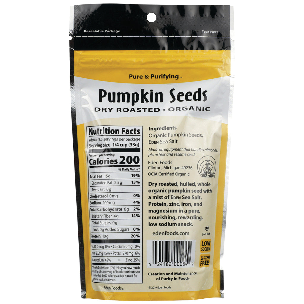 EDF037 | Back of Eden Foods pumpkin seeds pouch with nutrition facts, ingredients, barcode, and gluten free low sodium labels - Thumbnail