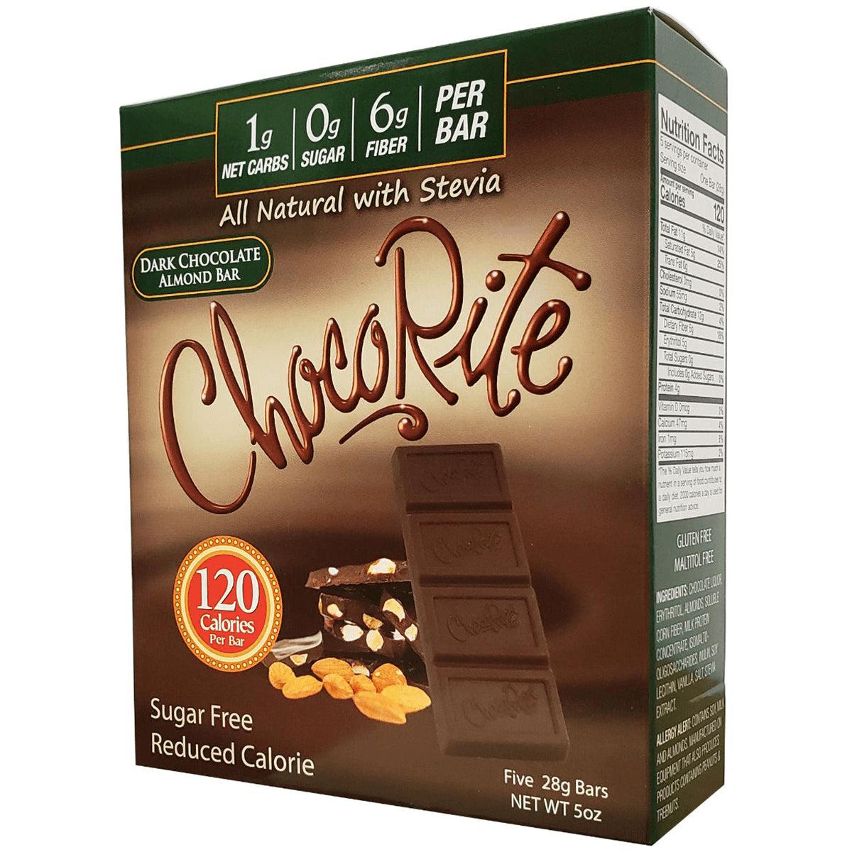 CHR009 | Front of ChocoRite dark chocolate almond bar box showing chocolate squares, almonds and 120 Calories per bar