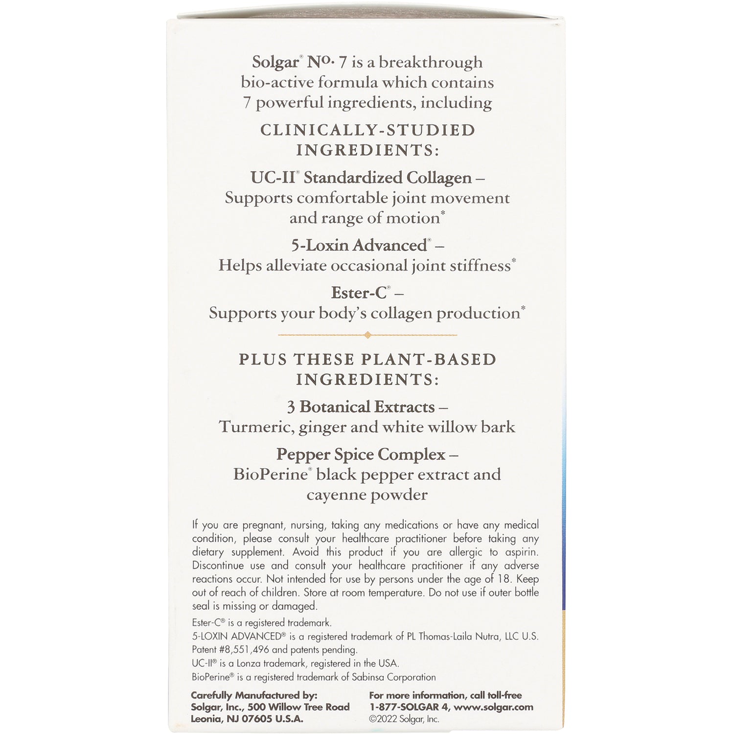 SLG325 | Back of white supplement box listing clinically-studied ingredients, plant-based extracts, and warning text