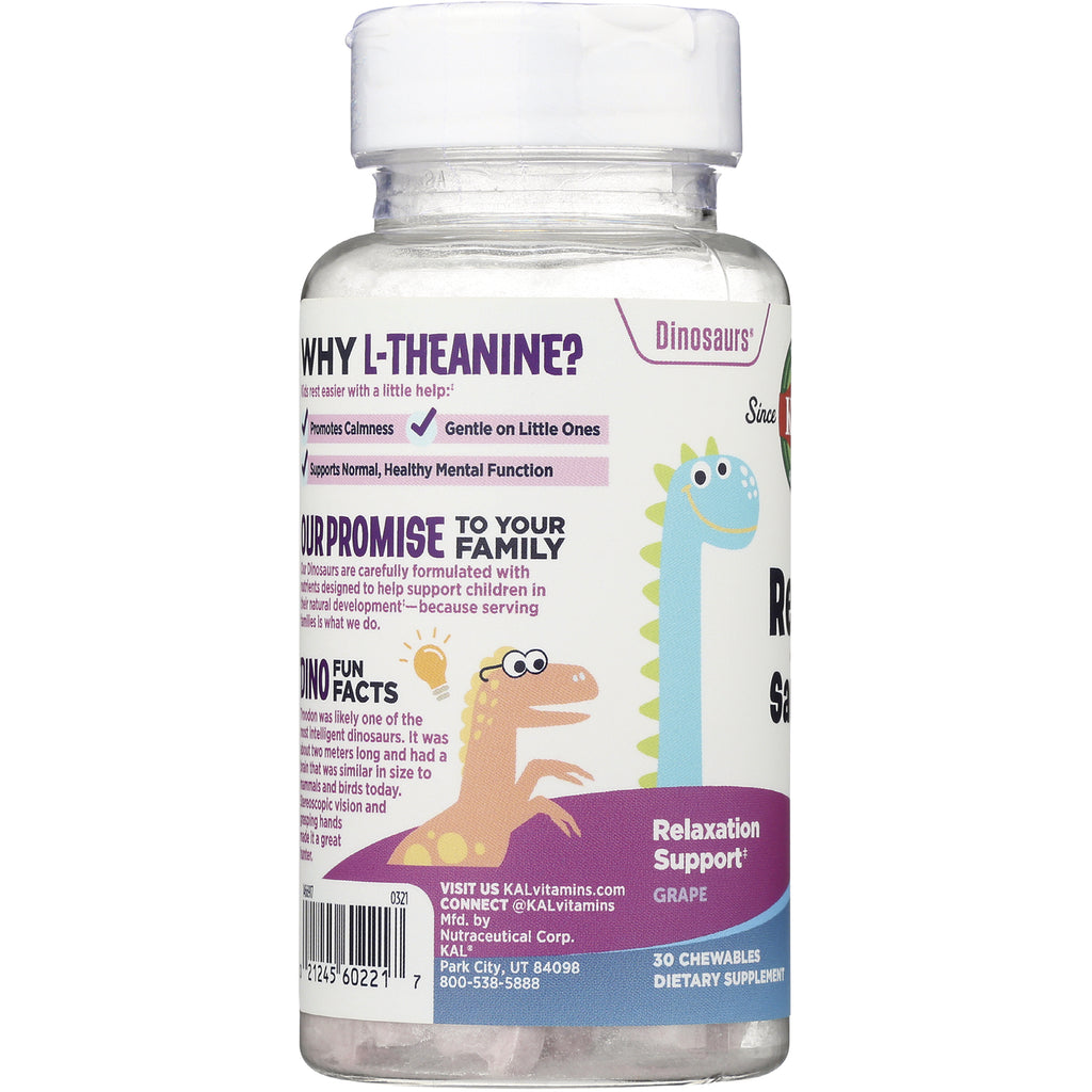 KL532 | bottle label infographic showing L-theanine benefits, dinosaur characters, Relaxation Support grape 30 chewables - Thumbnail