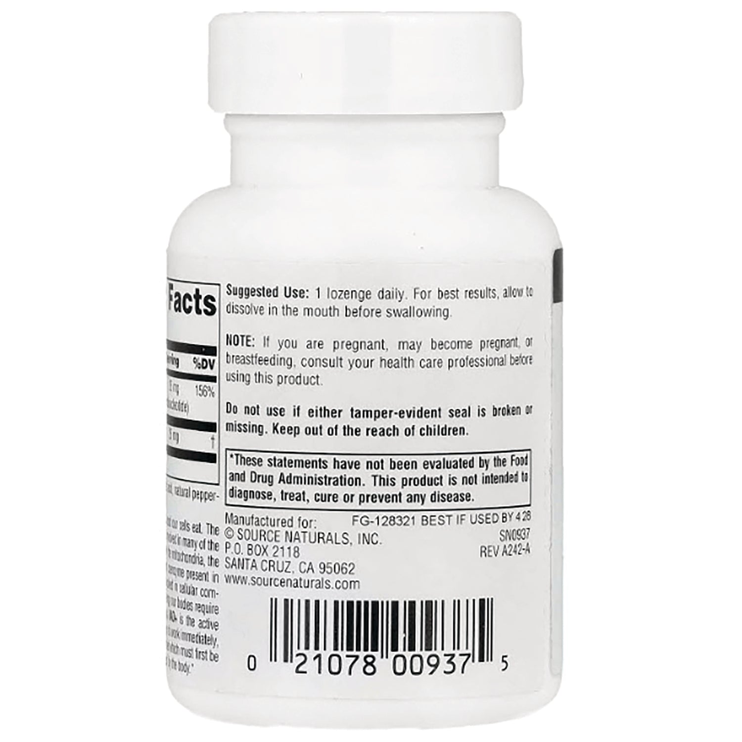 SN285 | Back label with suggested use, warning statements, FDA disclaimer, and barcode
