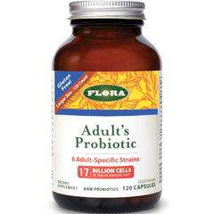 FL077 | Brown glass bottle of Flora Adult's Probiotic label reading Adult's Probiotic, 17 billion cells, 120 capsules