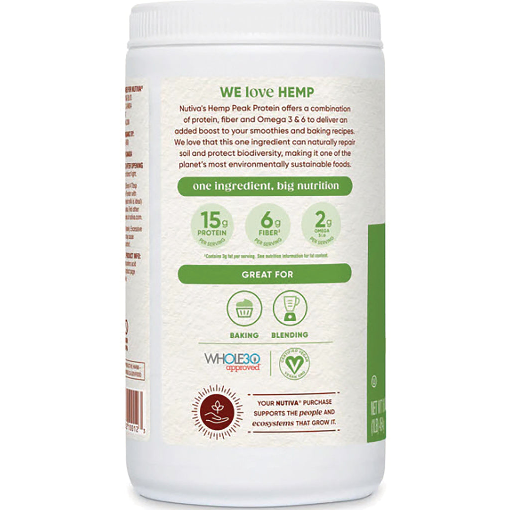 NTV014 | Back label reading WE love HEMP with nutrition highlights 15g protein, 6g fiber, 2g omega and icons for baking and blending - Thumbnail
