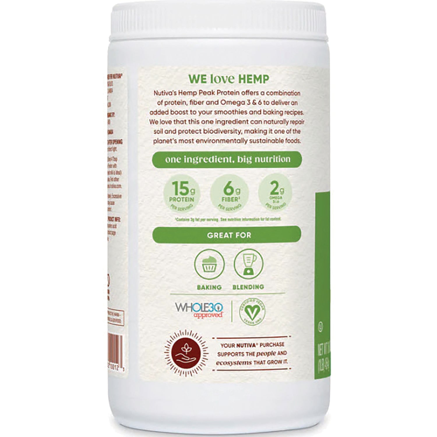 NTV014 | Back label reading WE love HEMP with nutrition highlights 15g protein, 6g fiber, 2g omega and icons for baking and blending