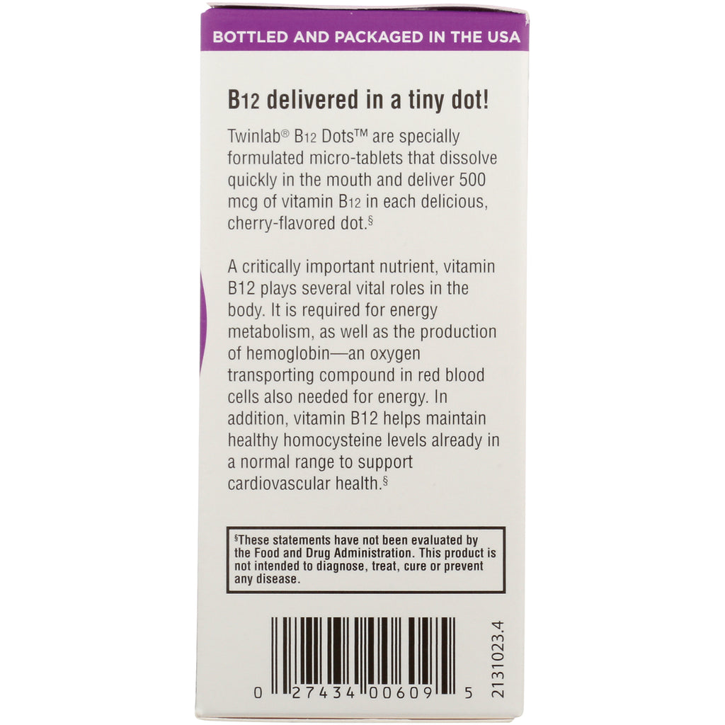 TL100 | Back of Twinlab B12 Dots box with benefits text, 'B12 delivered in a tiny dot!' and barcode - Thumbnail