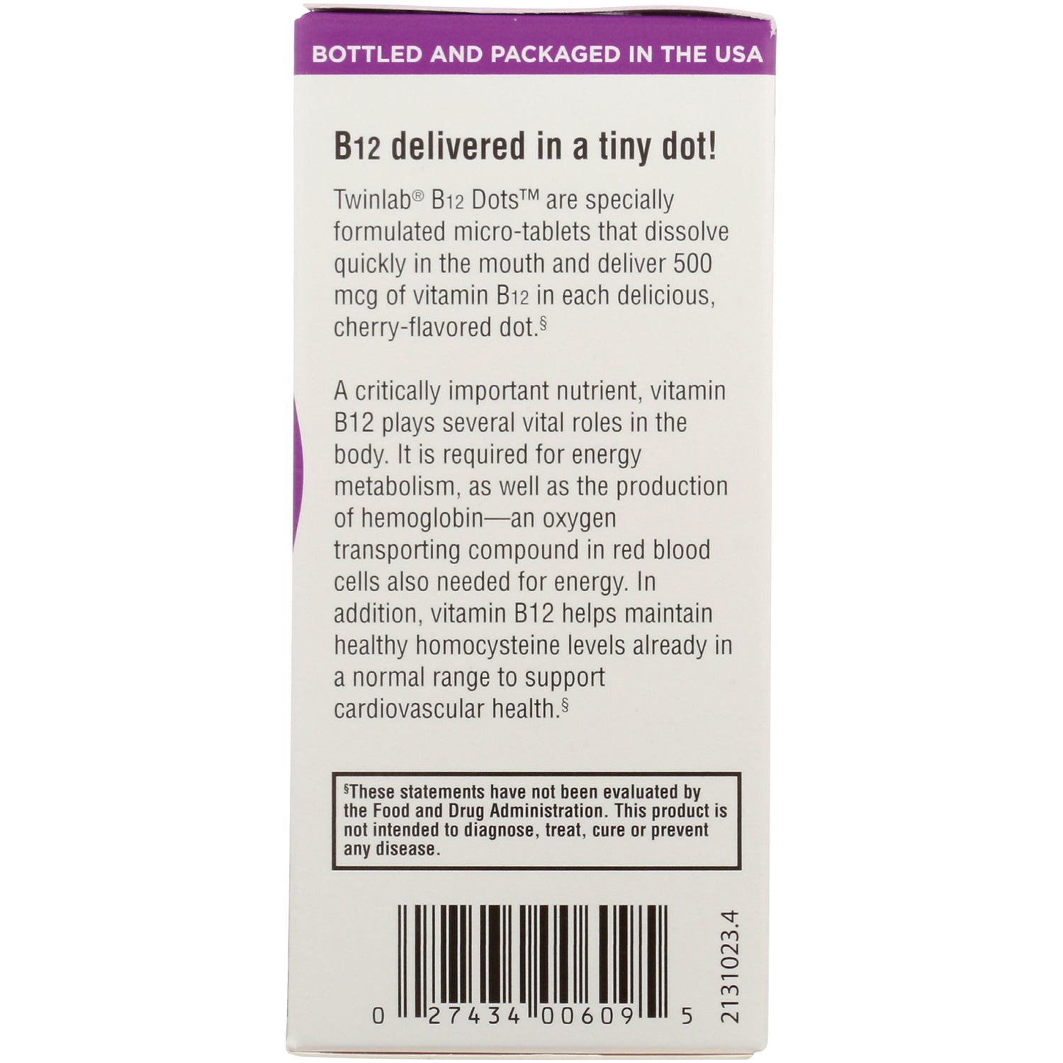 TL100 | Back of Twinlab B12 Dots box with benefits text, 'B12 delivered in a tiny dot!' and barcode