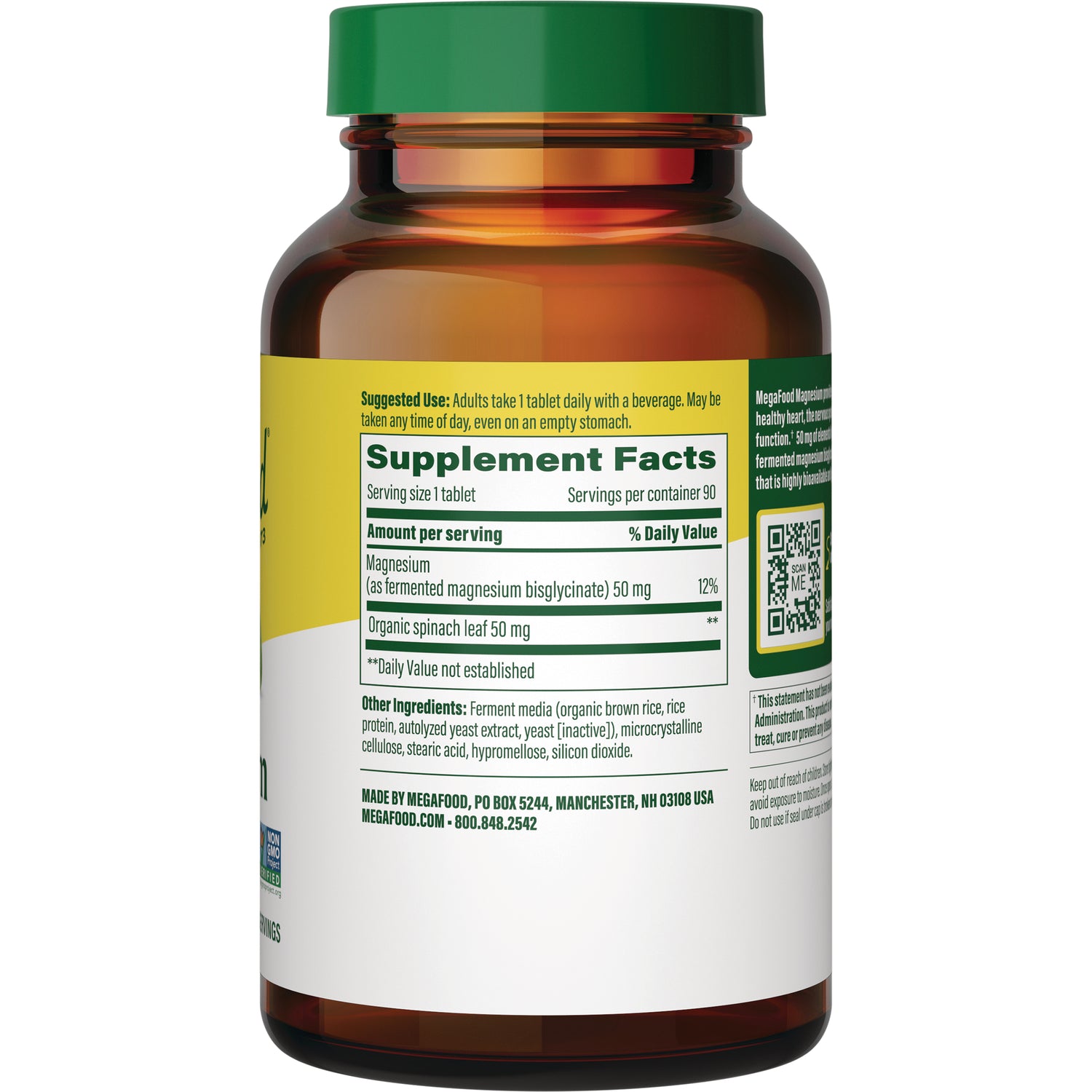 MGF047 | Back of supplement bottle showing Supplement Facts panel listing magnesium 50 mg and organic spinach leaf 50 mg