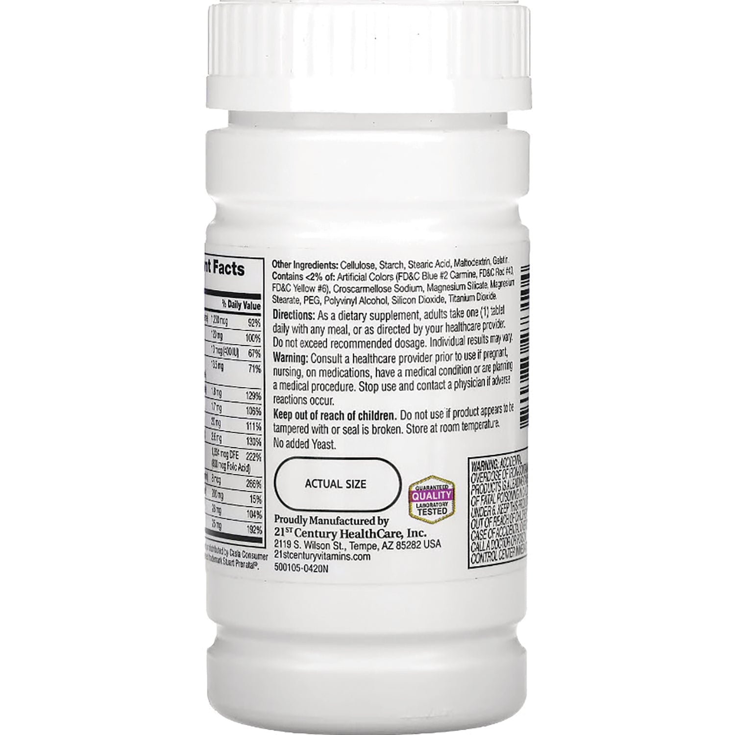 CNT213 | Back label of white supplement bottle showing nutrition facts, directions, and manufacturer information