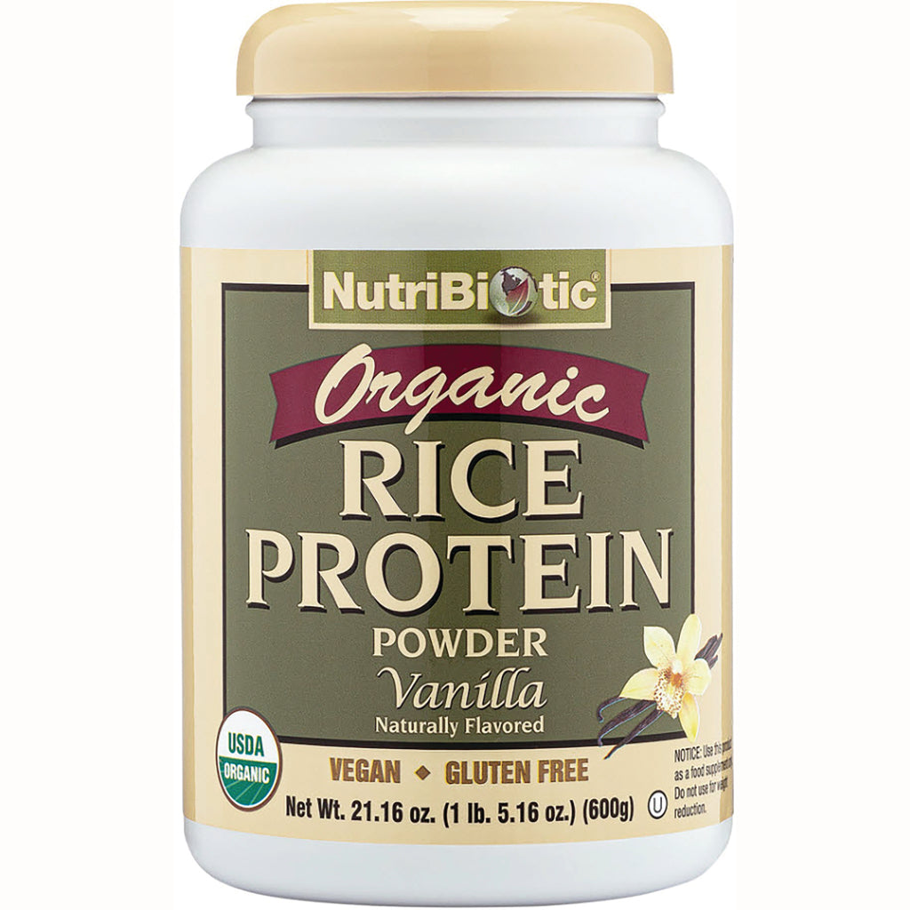 NUB019 | NutriBiotic Organic Rice Protein Powder vanilla jar front label showing USDA Organic and Vegan Gluten Free - Thumbnail