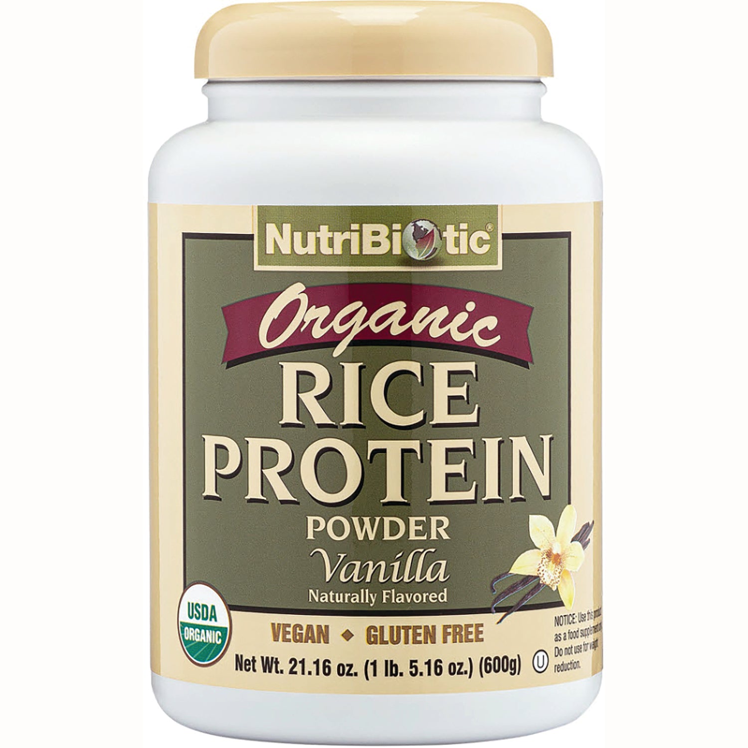 NUB019 | NutriBiotic Organic Rice Protein Powder vanilla jar front label showing USDA Organic and Vegan Gluten Free