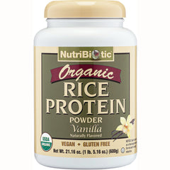 NUB019 | NutriBiotic Organic Rice Protein Powder vanilla jar front label showing USDA Organic and Vegan Gluten Free
