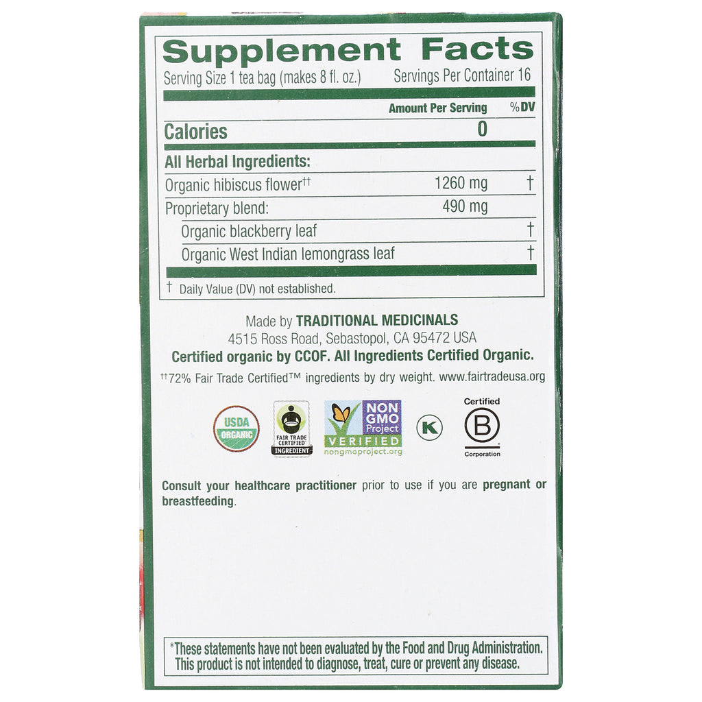TMD049 | Back of Traditional Medicinals tea box with Supplement Facts, ingredients, and organic certifications - Thumbnail