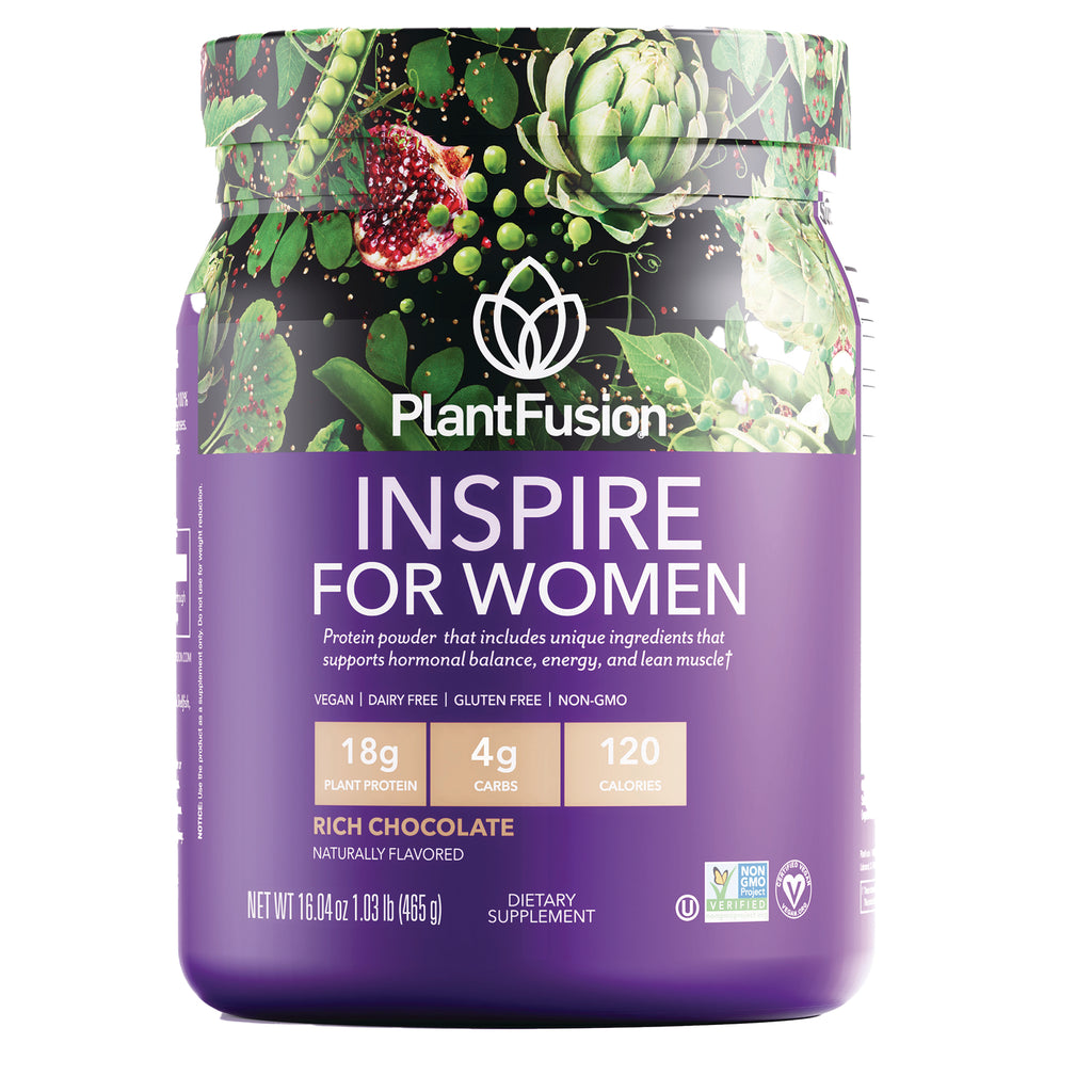 PFU029 | PlantFusion Inspire for Women rich chocolate plant protein powder tub with purple label - Thumbnail